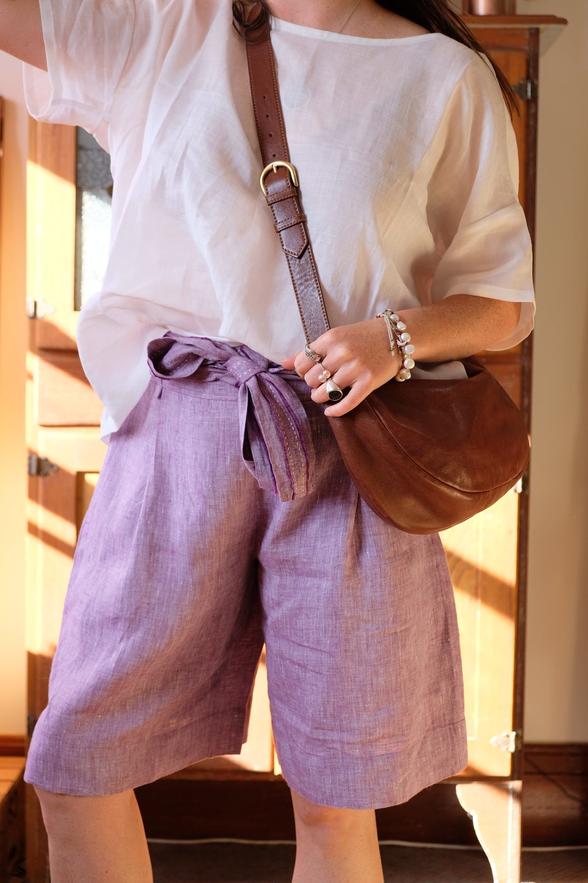 Belted Mata Linen Short - Lilac/White Cross Dye