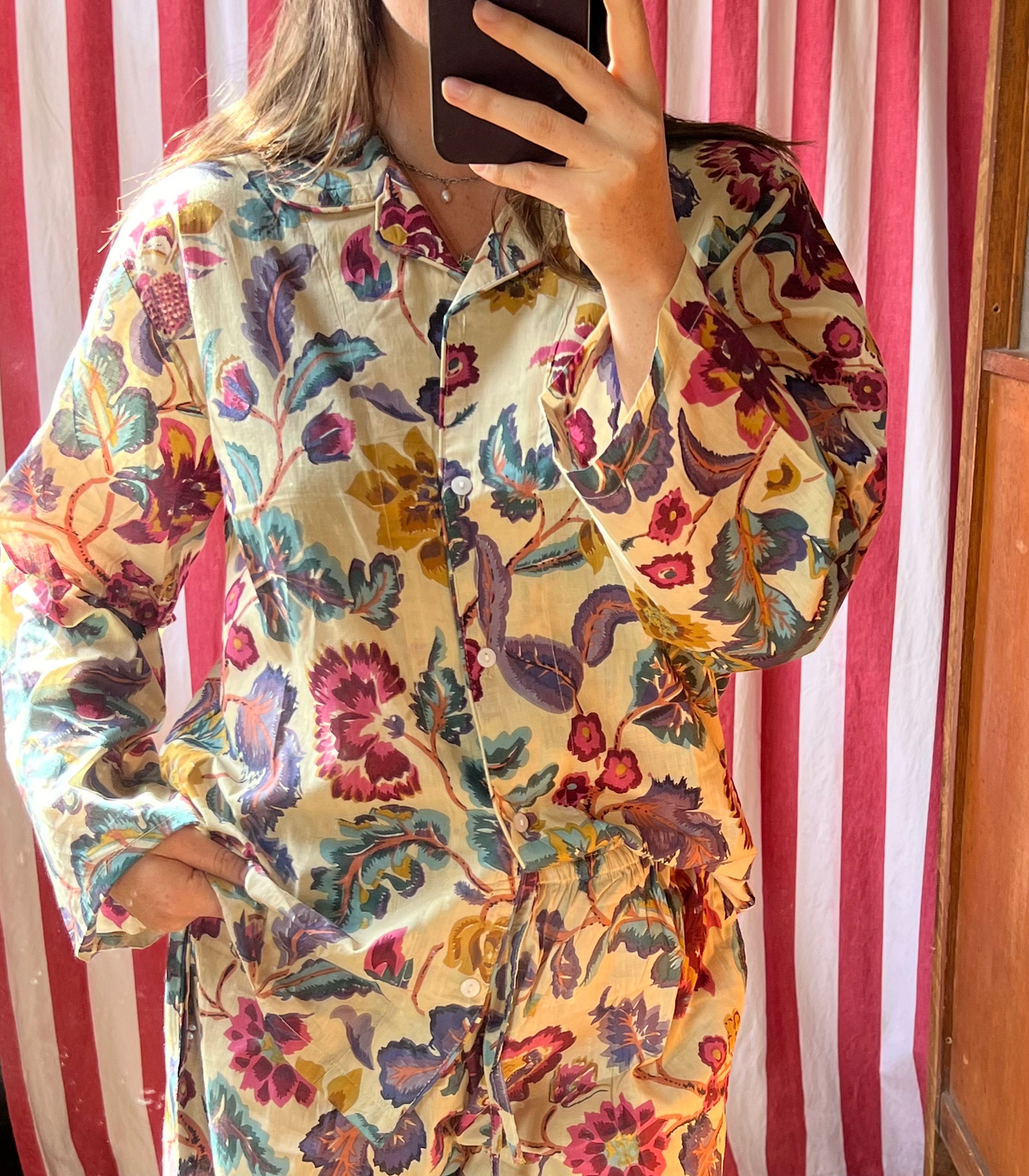 Hand Block Printed Long PJ - Mauve/Crimson Floral