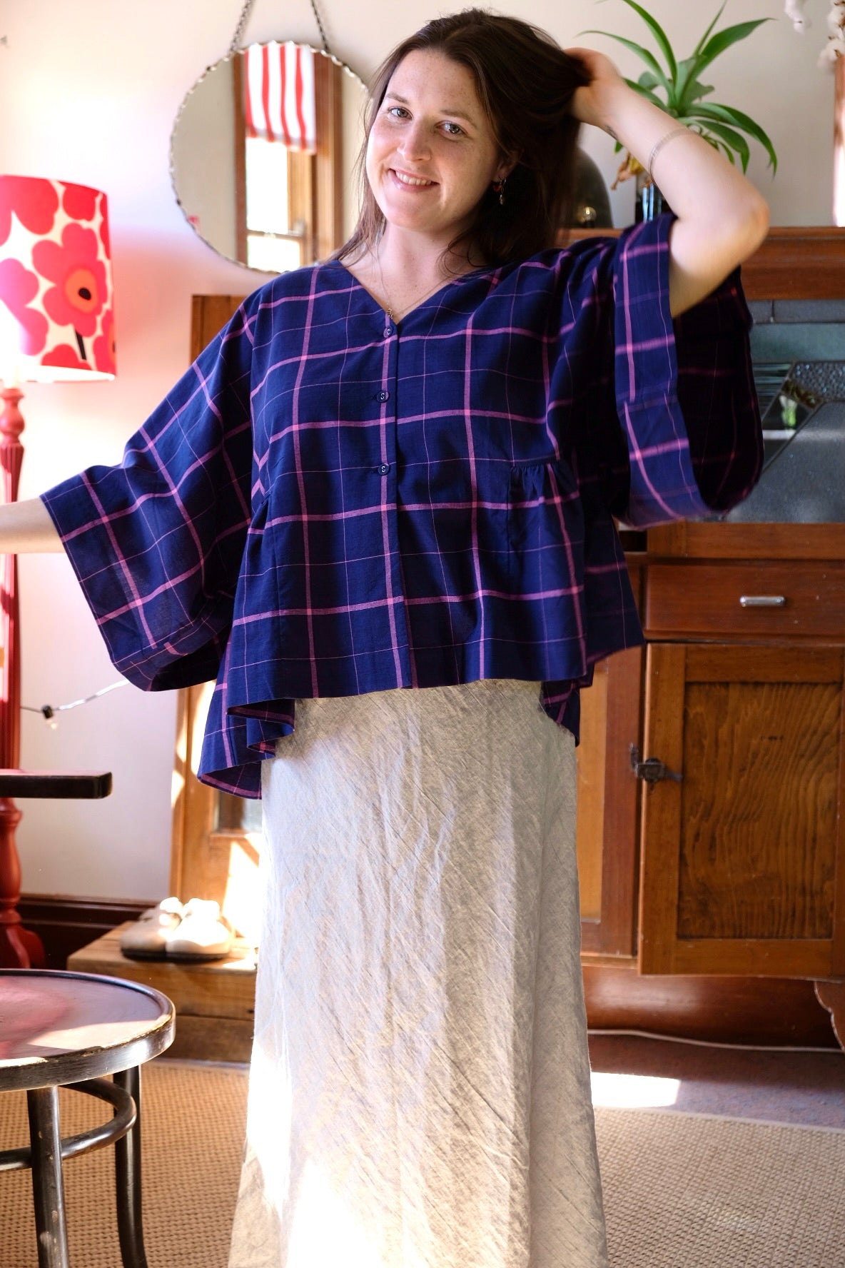 Kiki Kimono Sleeve Blouse - Indigo/Pink