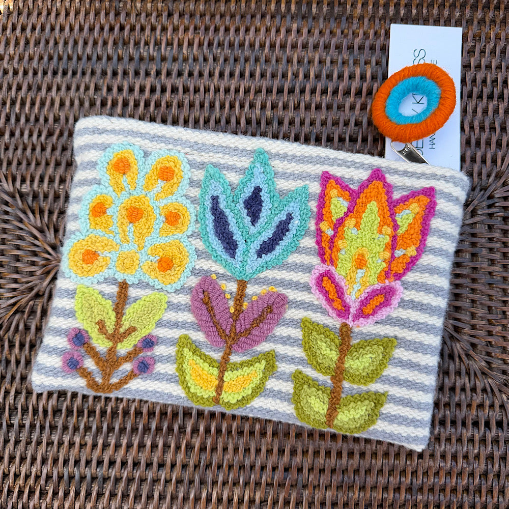 striped floral embroidered wool clutch