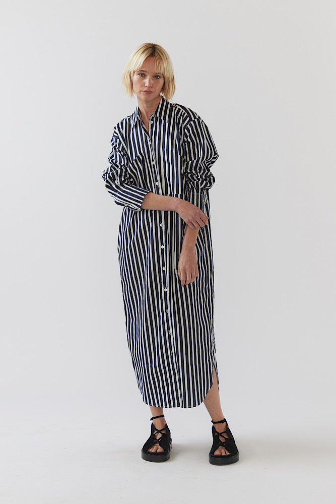 Demi Dress - Navy Stripe Poplin