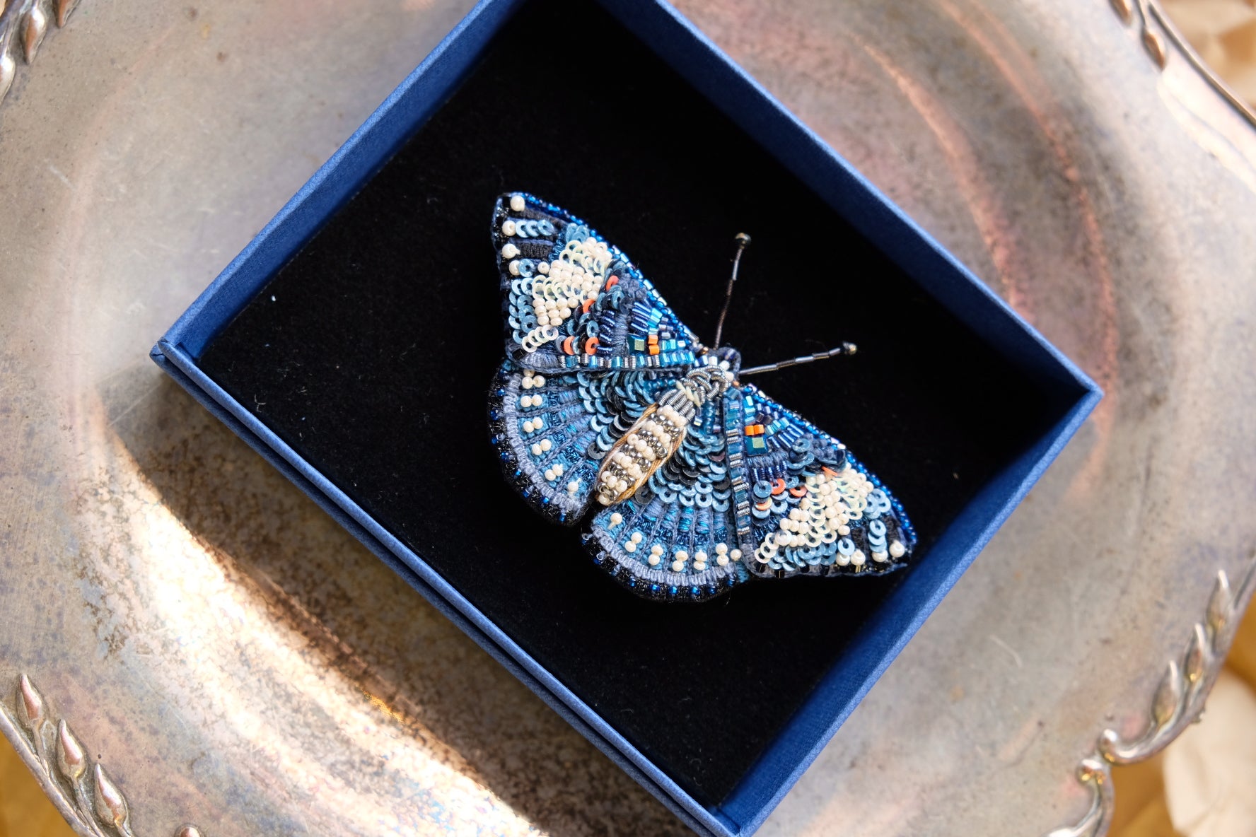 Blue Calico Cracker Butterfly Brooch