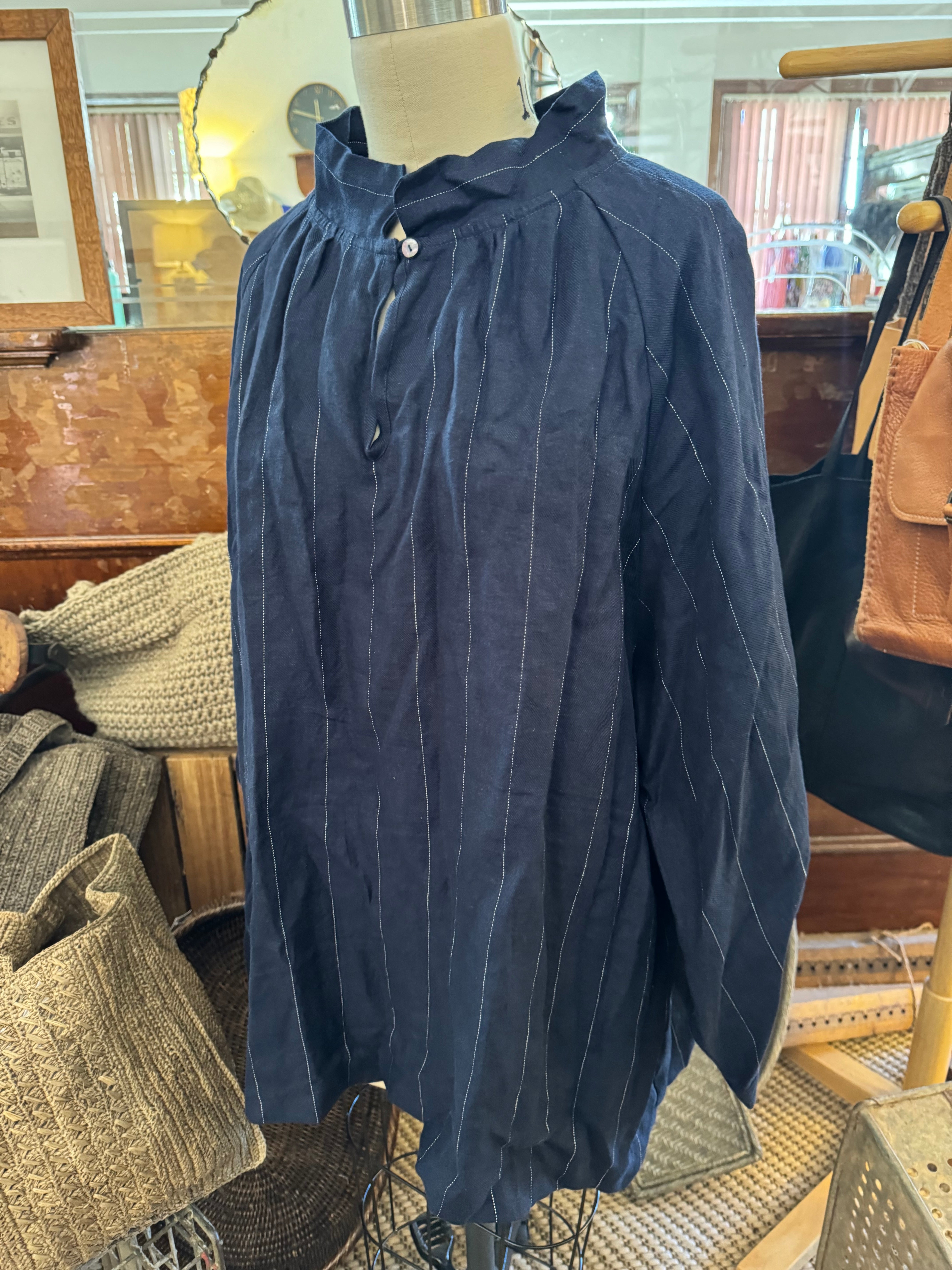 Pre-loved Aurora Linen Twill Smock - Navy Stripe