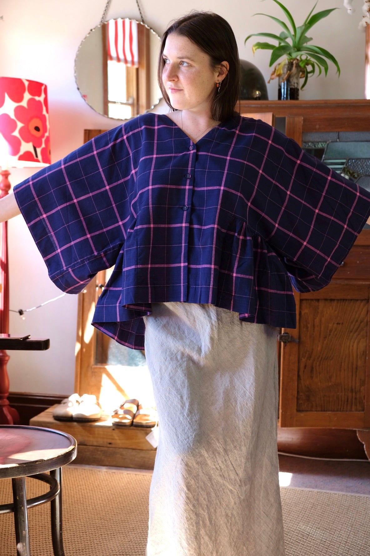 Kiki Kimono Sleeve Blouse - Indigo/Pink