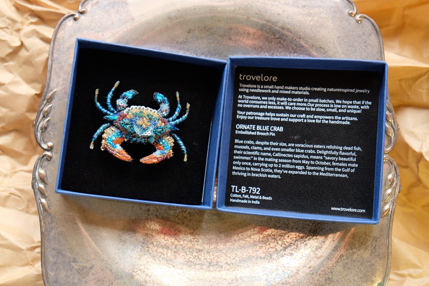 Ornate Blue Crab Brooch