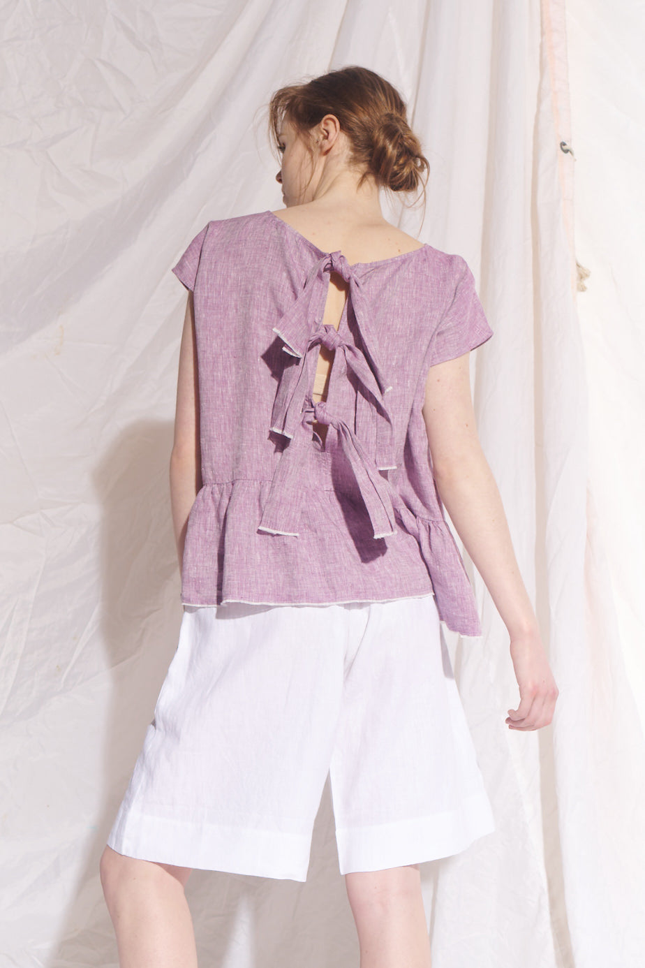 Ida Linen Top with Tie Detail - Lilac/White Cross Dye