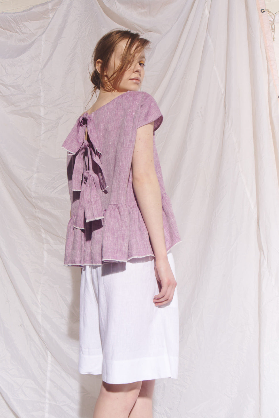 Ida Linen Top with Tie Detail - Lilac/White Cross Dye