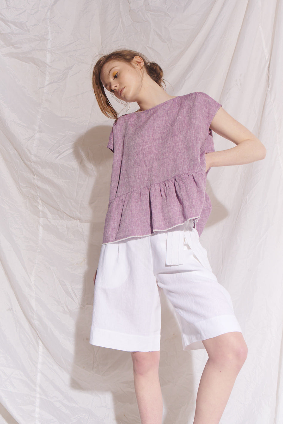 Ida Linen Top with Tie Detail - Lilac/White Cross Dye