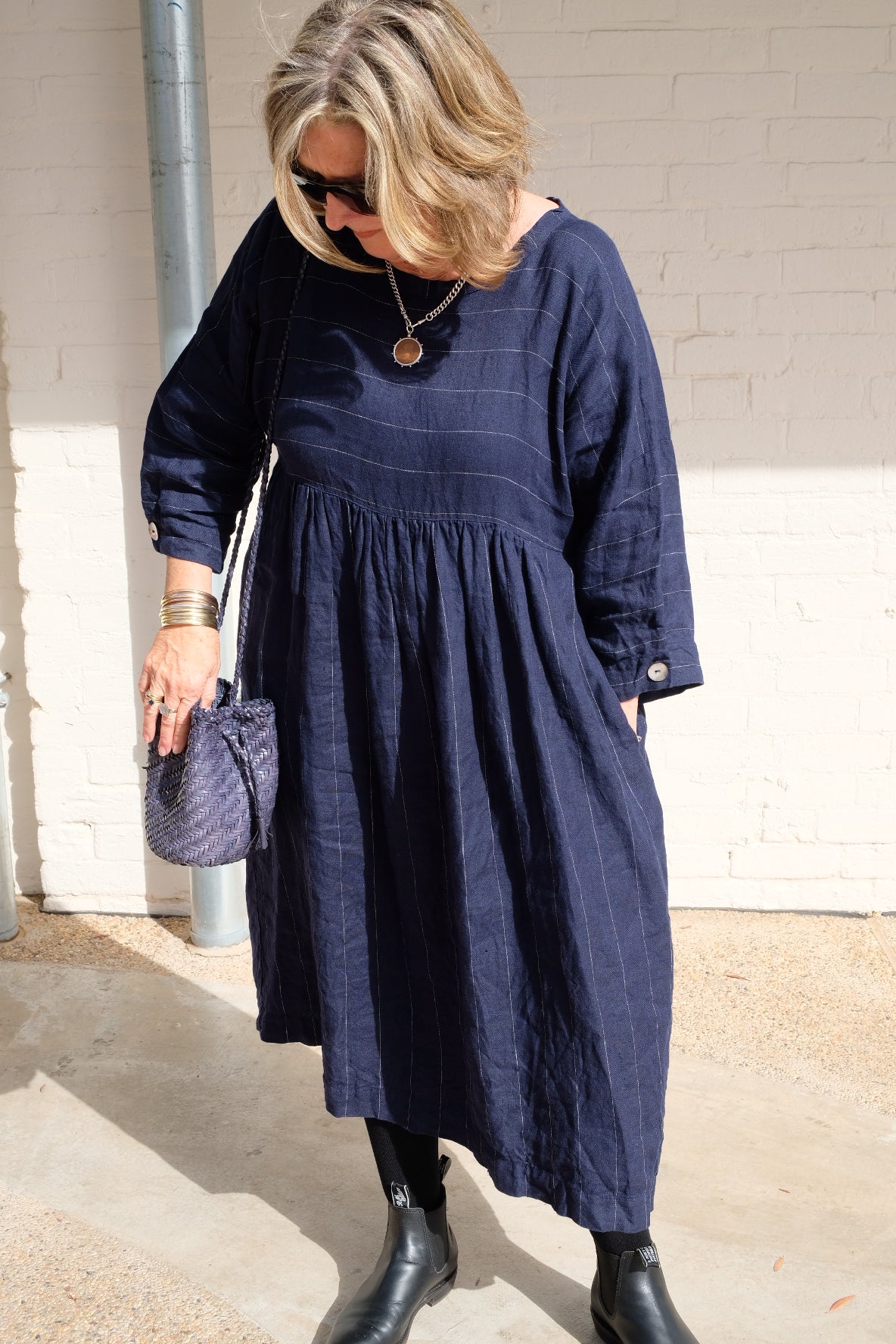 Bess Dress Linen Twill - Navy Pinstripe