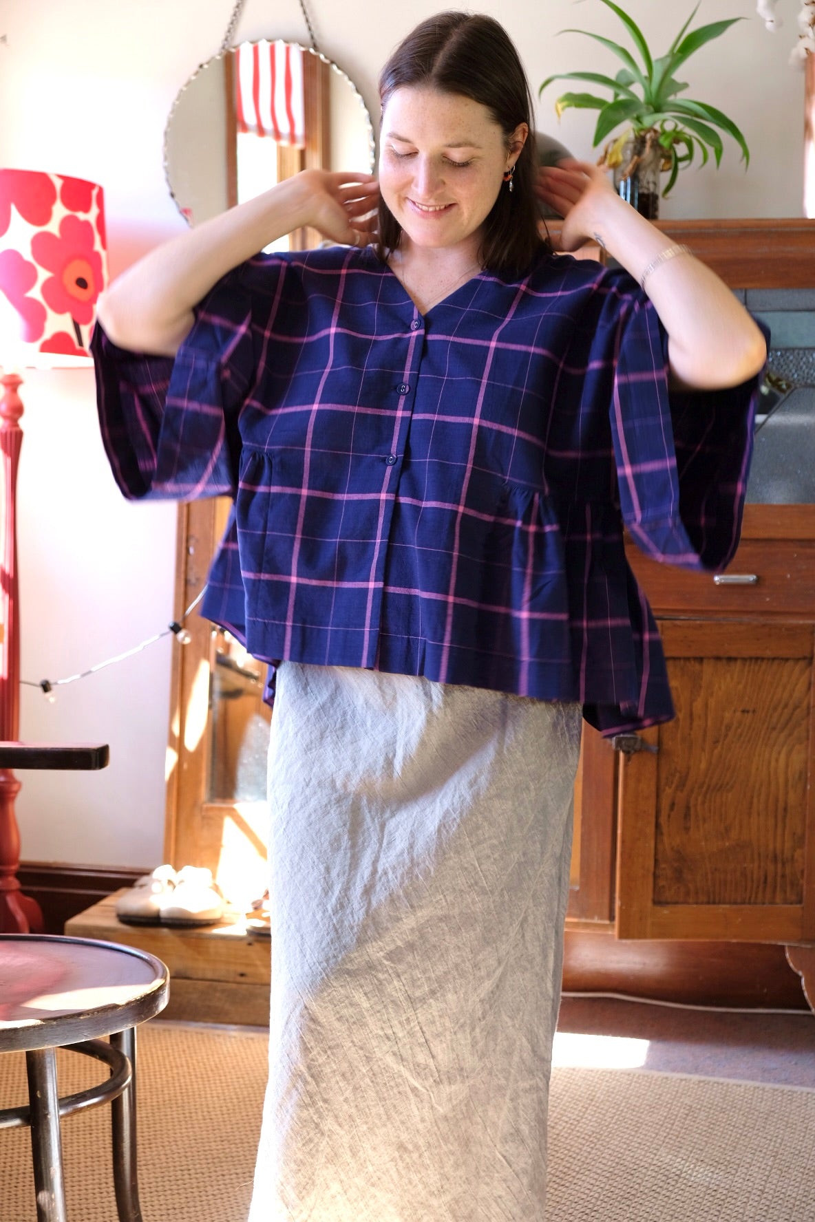 Kiki Kimono Sleeve Blouse - Indigo/Pink