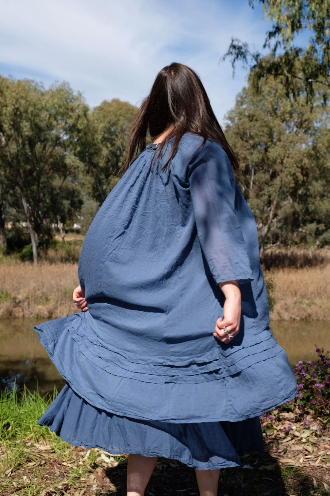 Tansy Raglan Sleeve Dress Cotton Voile - Denim