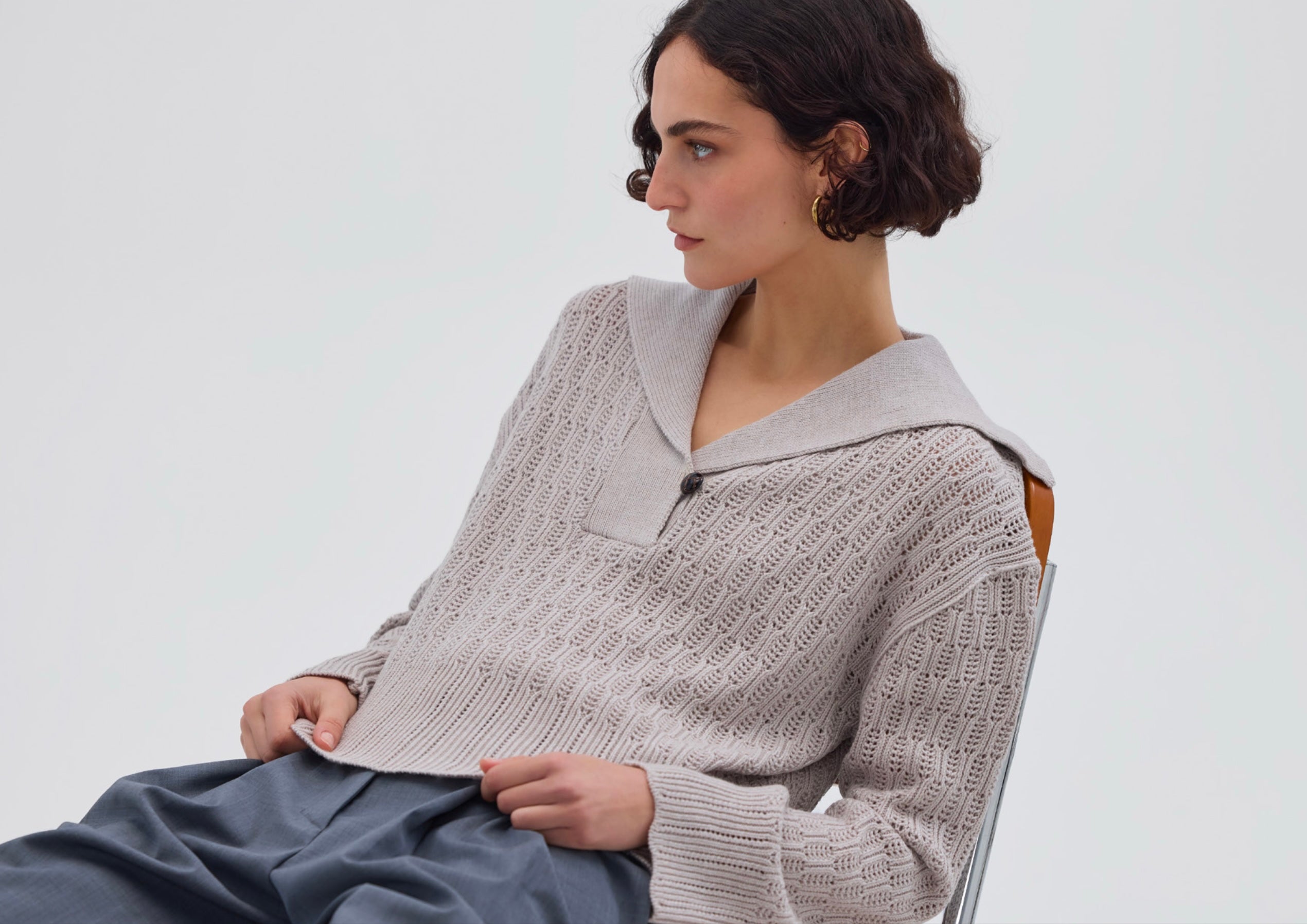 CORDED RIB SAILOR COLLAR SWEATER - oat