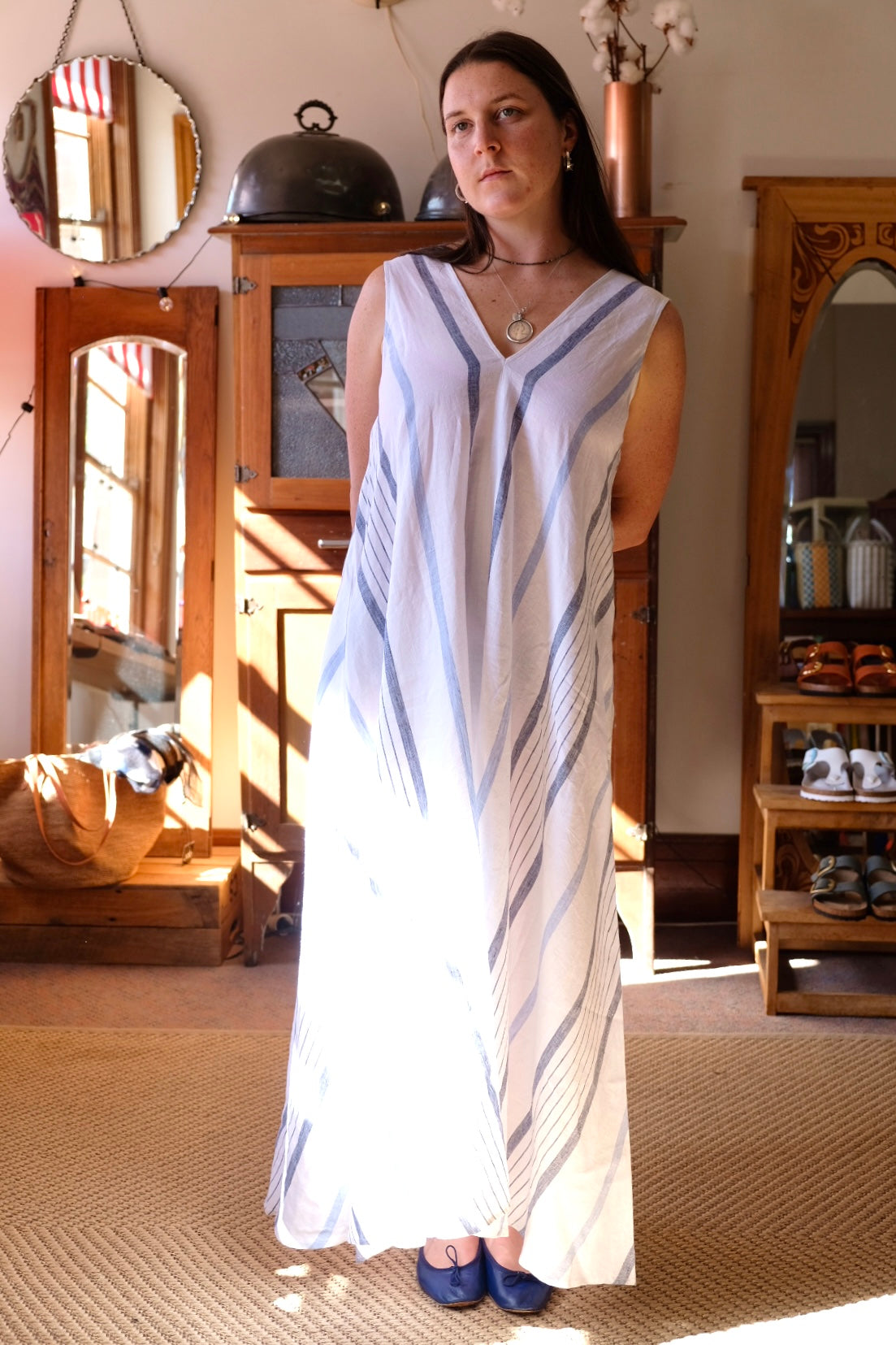 Sasha Dress Stripe Linen White