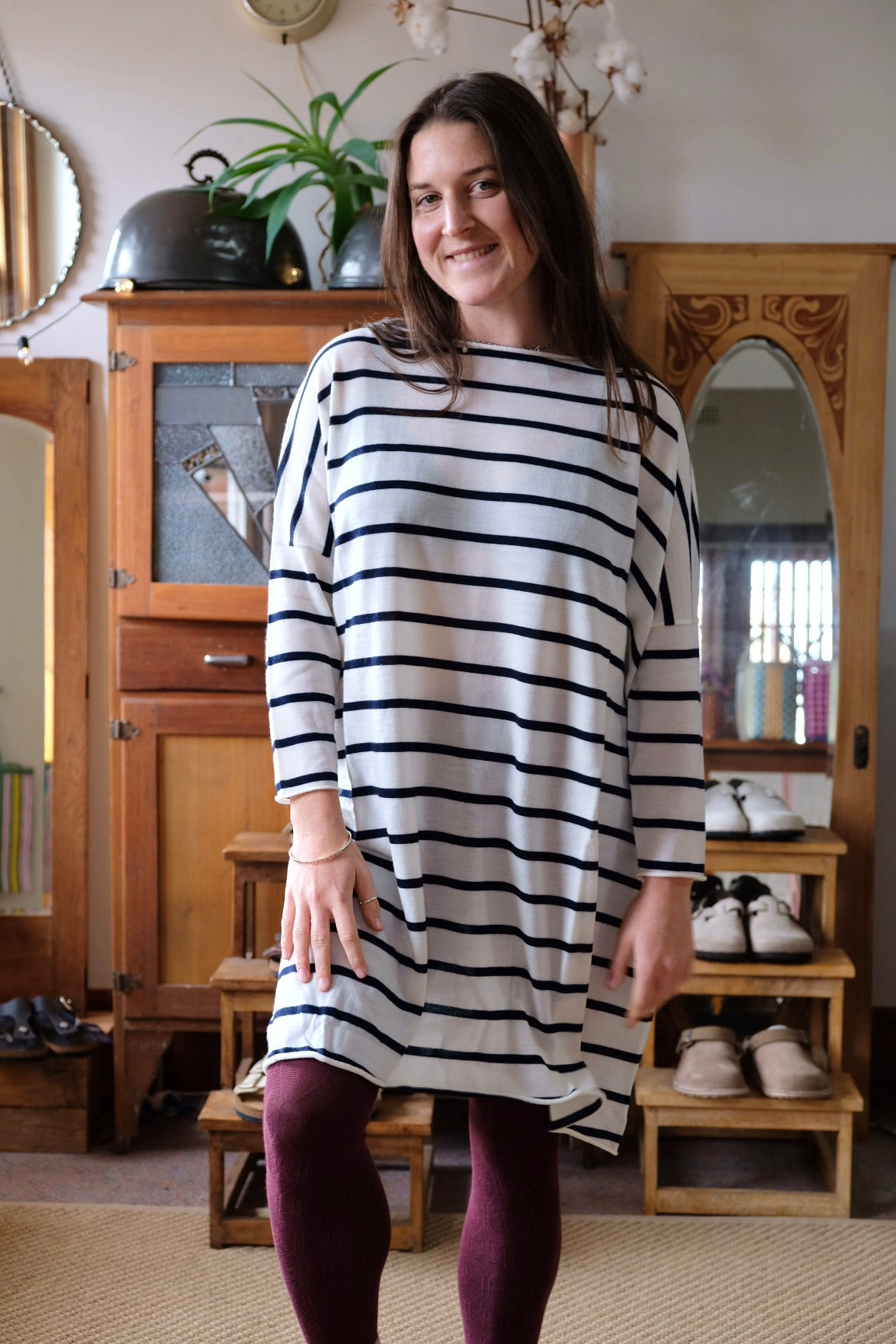 Emi Wool Dress - Cream with Navy Stripe