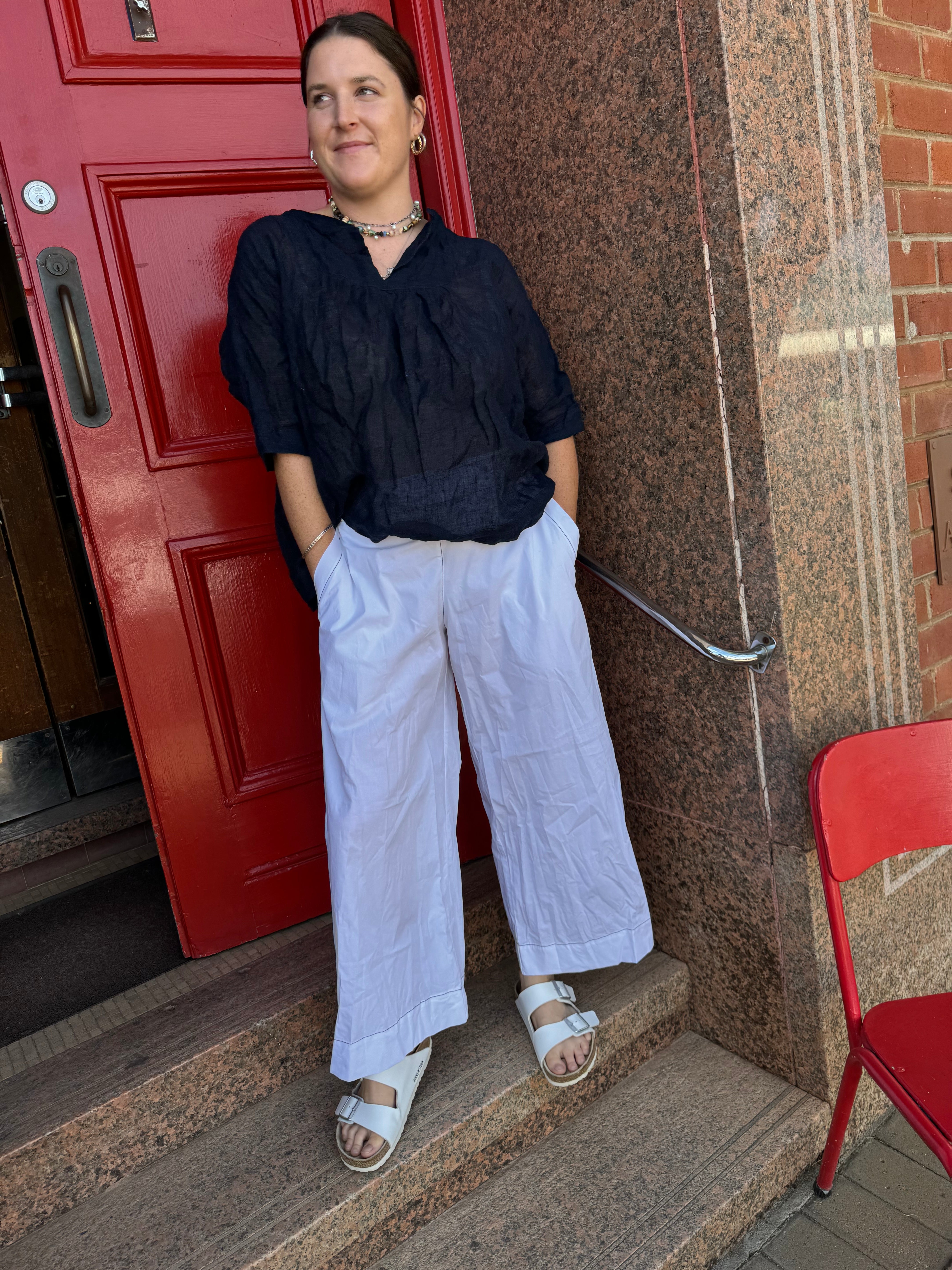 Pre-loved Alira Pant - White Cotton with Black stitching