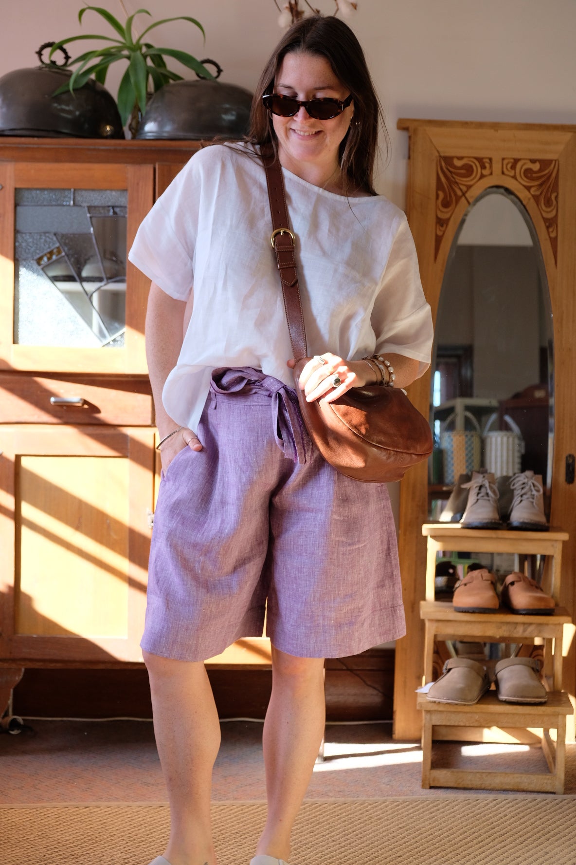 Belted Mata Linen Short - Lilac/White Cross Dye