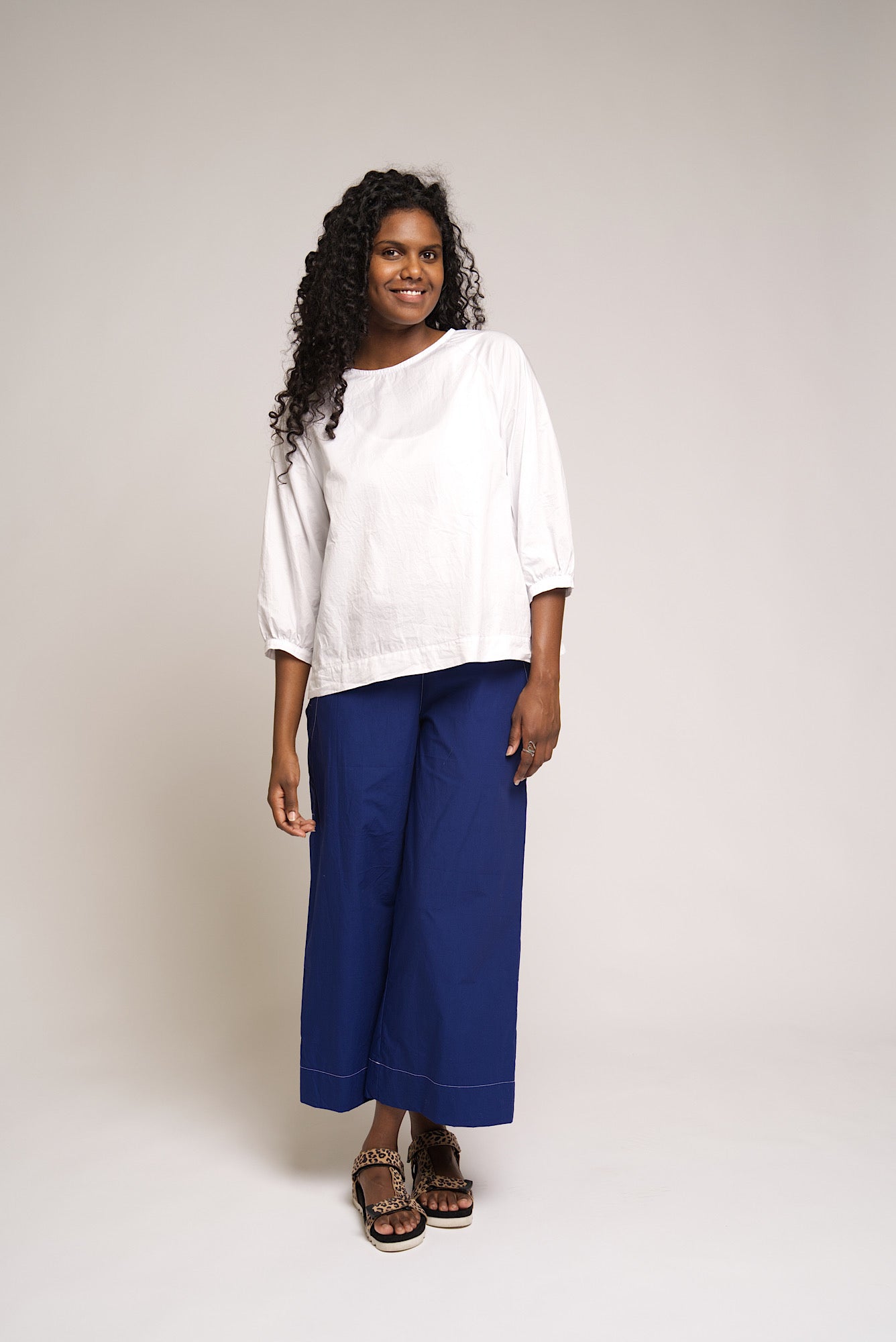 Alira Pant - White Cotton with Black stitching