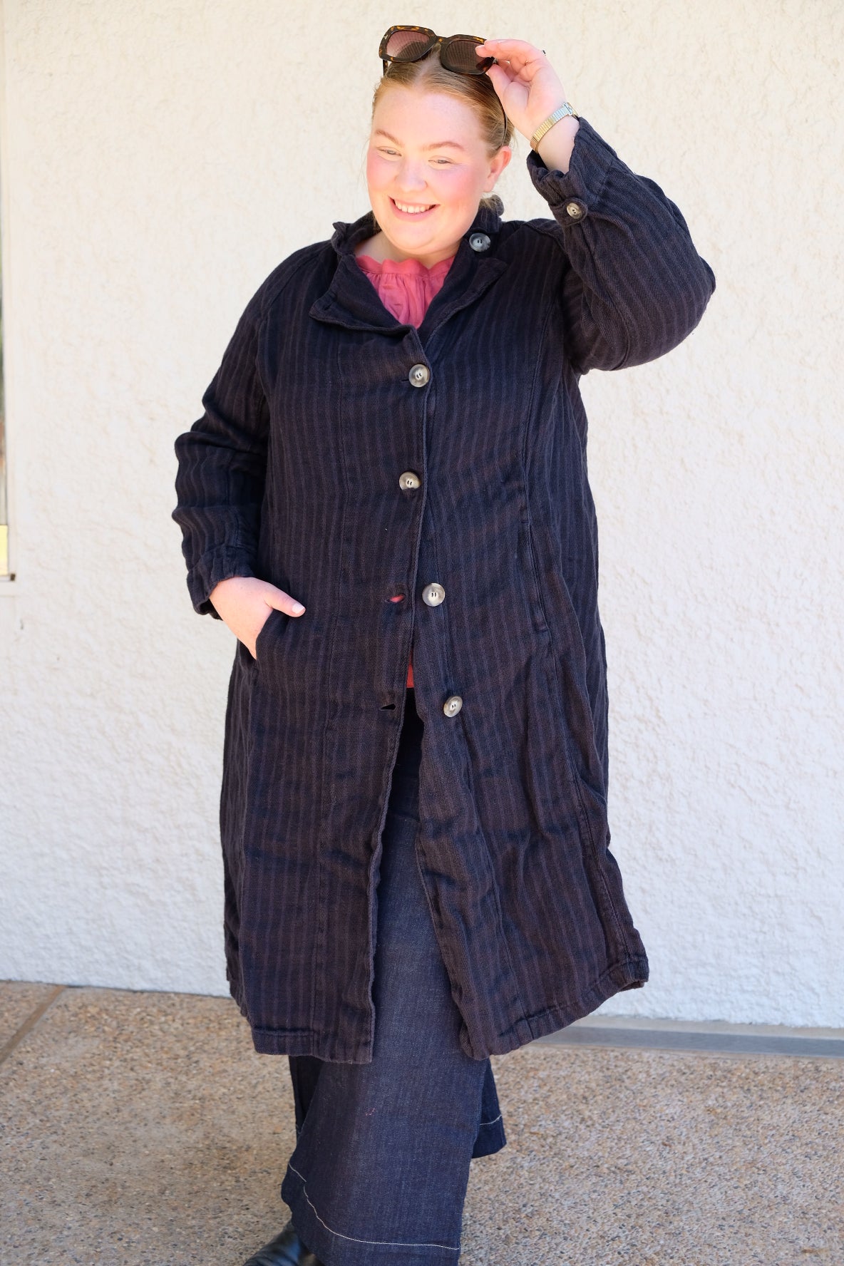 1915 Unisex Duster Jacket - Twill Weave Linen Stripe - Navy