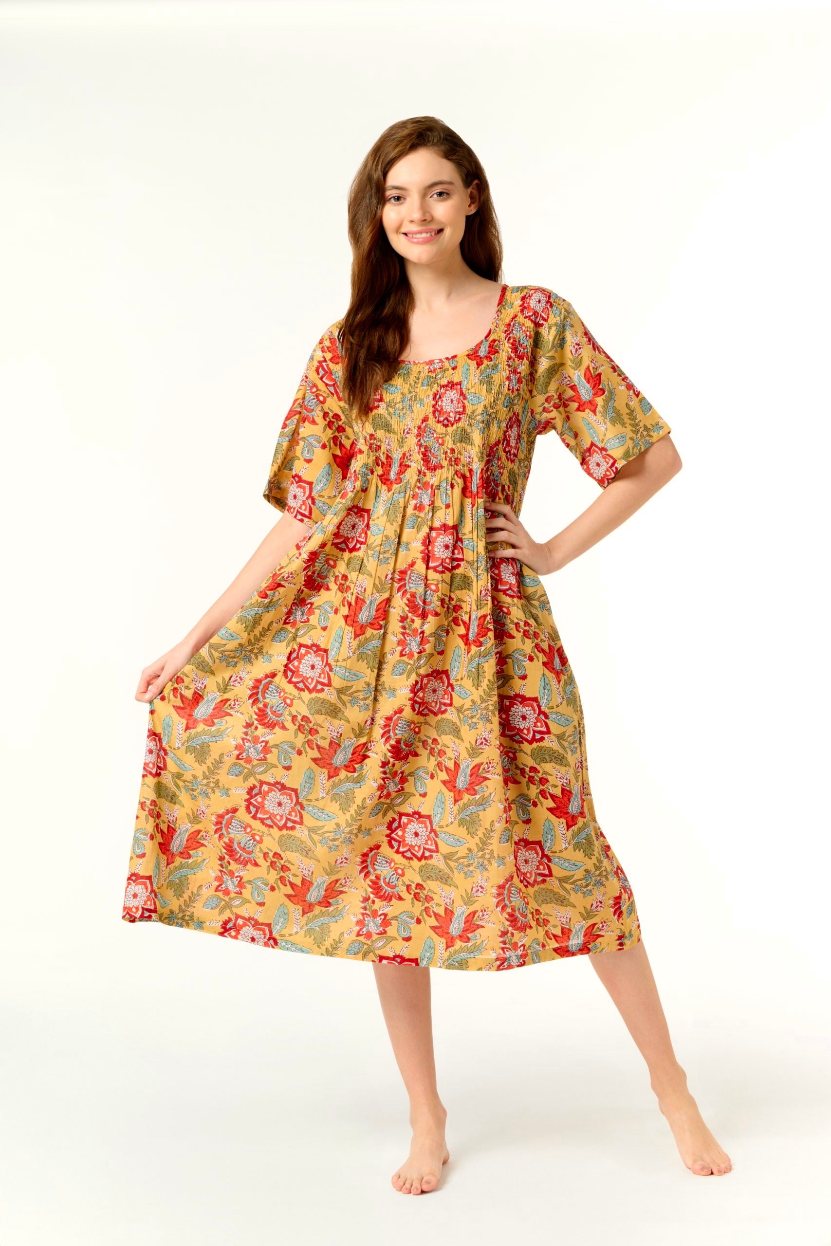 Hand Block Printed Shirred Nightie - Mustard Red Flower Floral