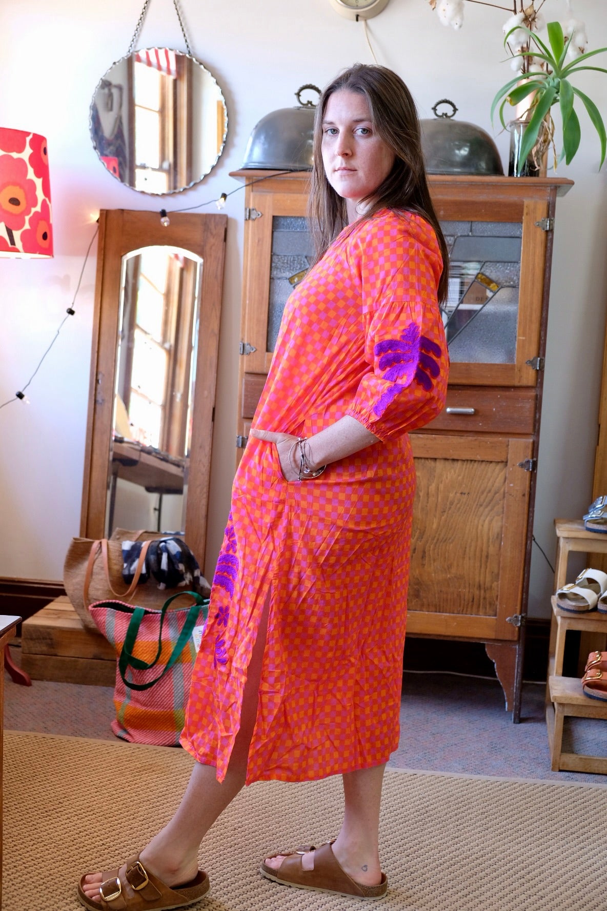 Fiesta embroidered orange gingham dress