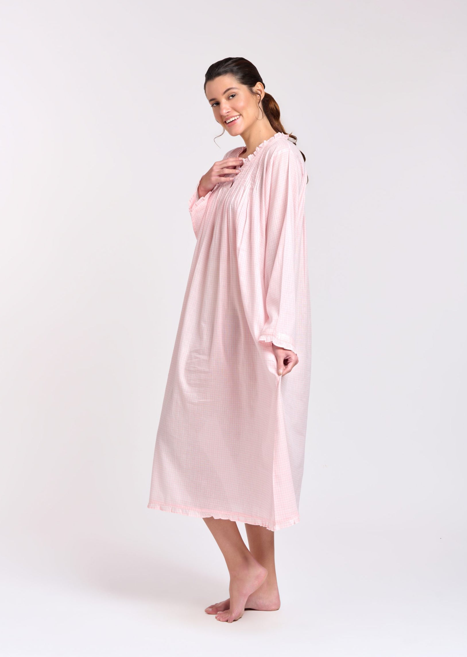 Long Sleeve Nightie - Soft Pink Gingham