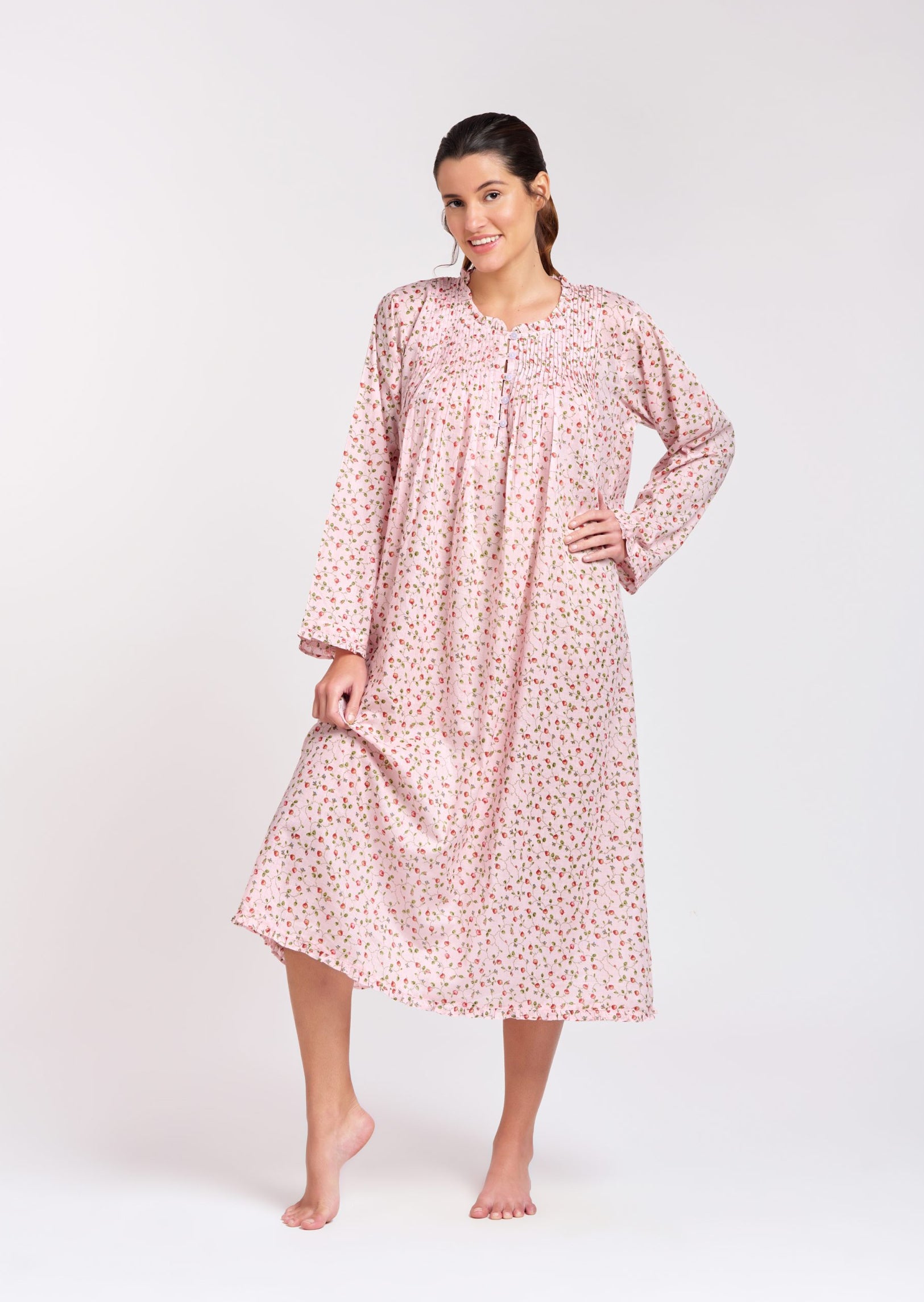Long Sleeve Nightie - Pale Pink/Red Rose