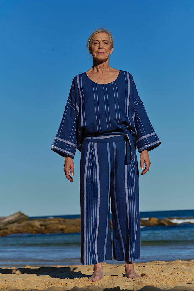 Mata Belted Crop Pant - Stripe Linen Indigo