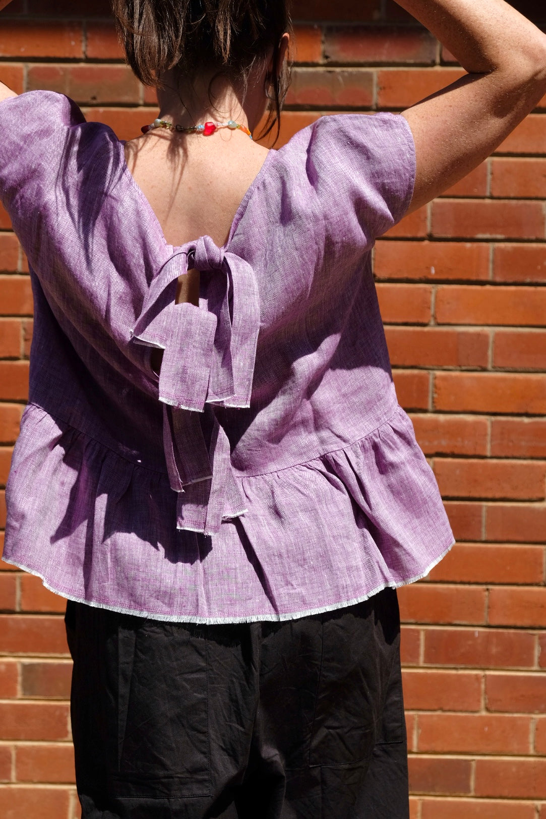 Ida Linen Top with Tie Detail - Lilac/White Cross Dye