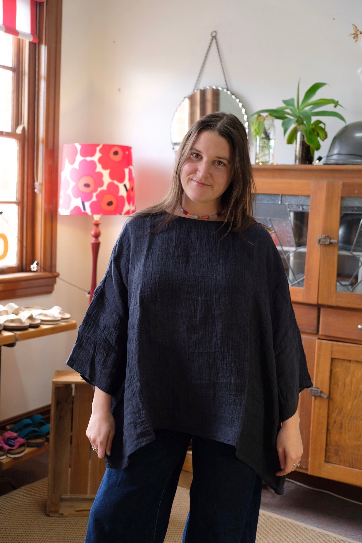 Clara Oversized Linen Gauze Tee - Blackwood