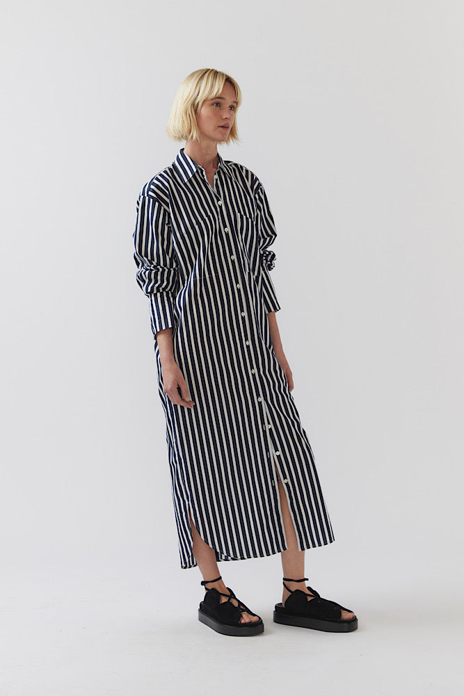 Demi Dress - Navy Stripe Poplin