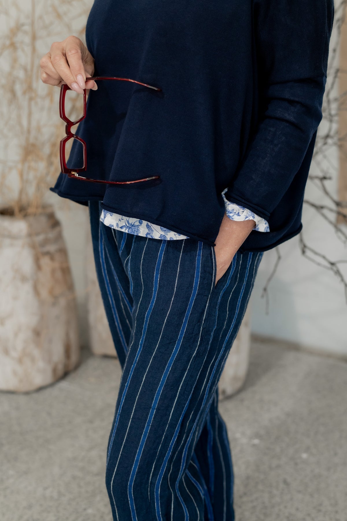 Léon Pant - Linen navy stripe