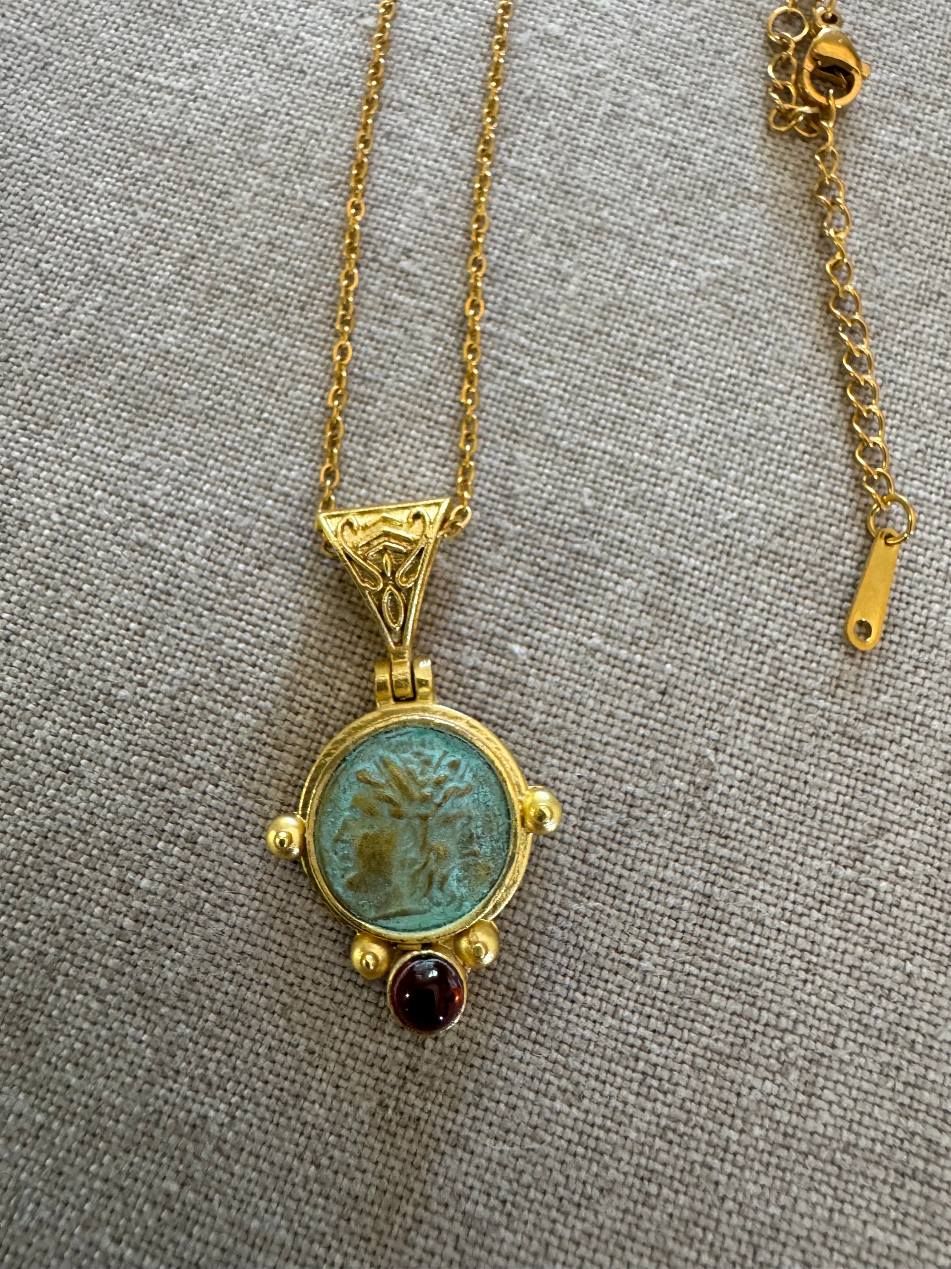 Roman Coin Gilded Bronze Pendant with Garnet