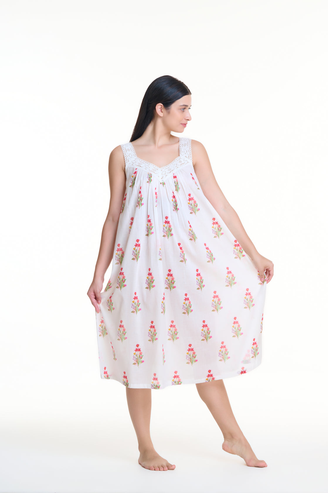 Hand Block Printed V Neck Nightie - White with flower bouquet