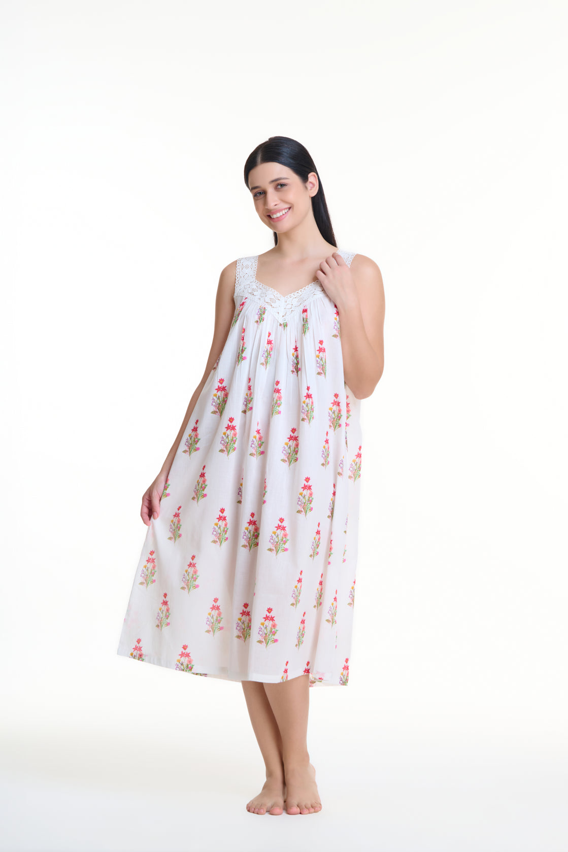 Hand Block Printed V Neck Nightie - White with flower bouquet