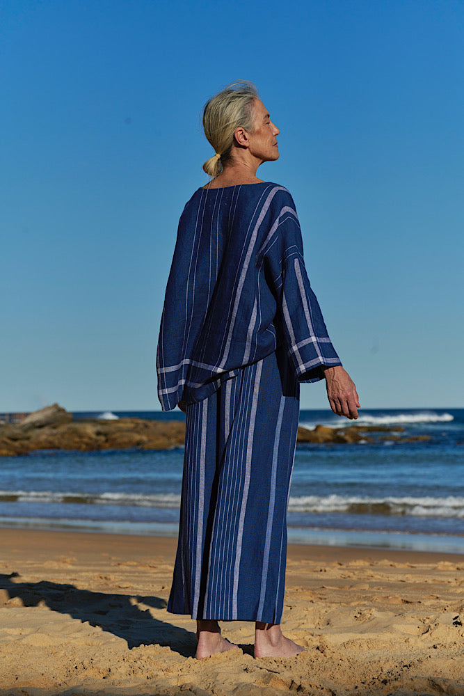 Mata Belted Crop Pant - Stripe Linen Indigo
