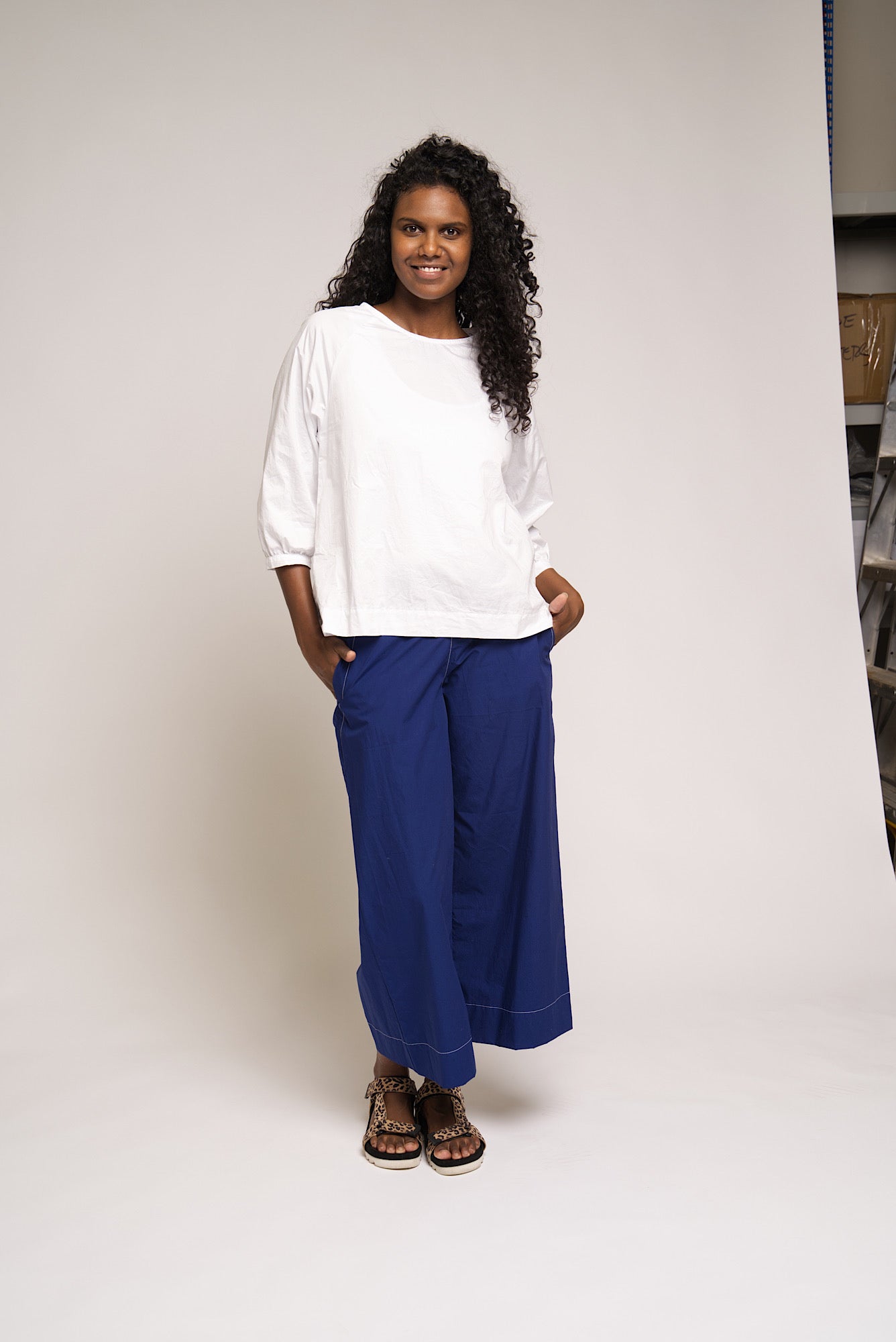 Alira Pant - White Cotton with Black stitching