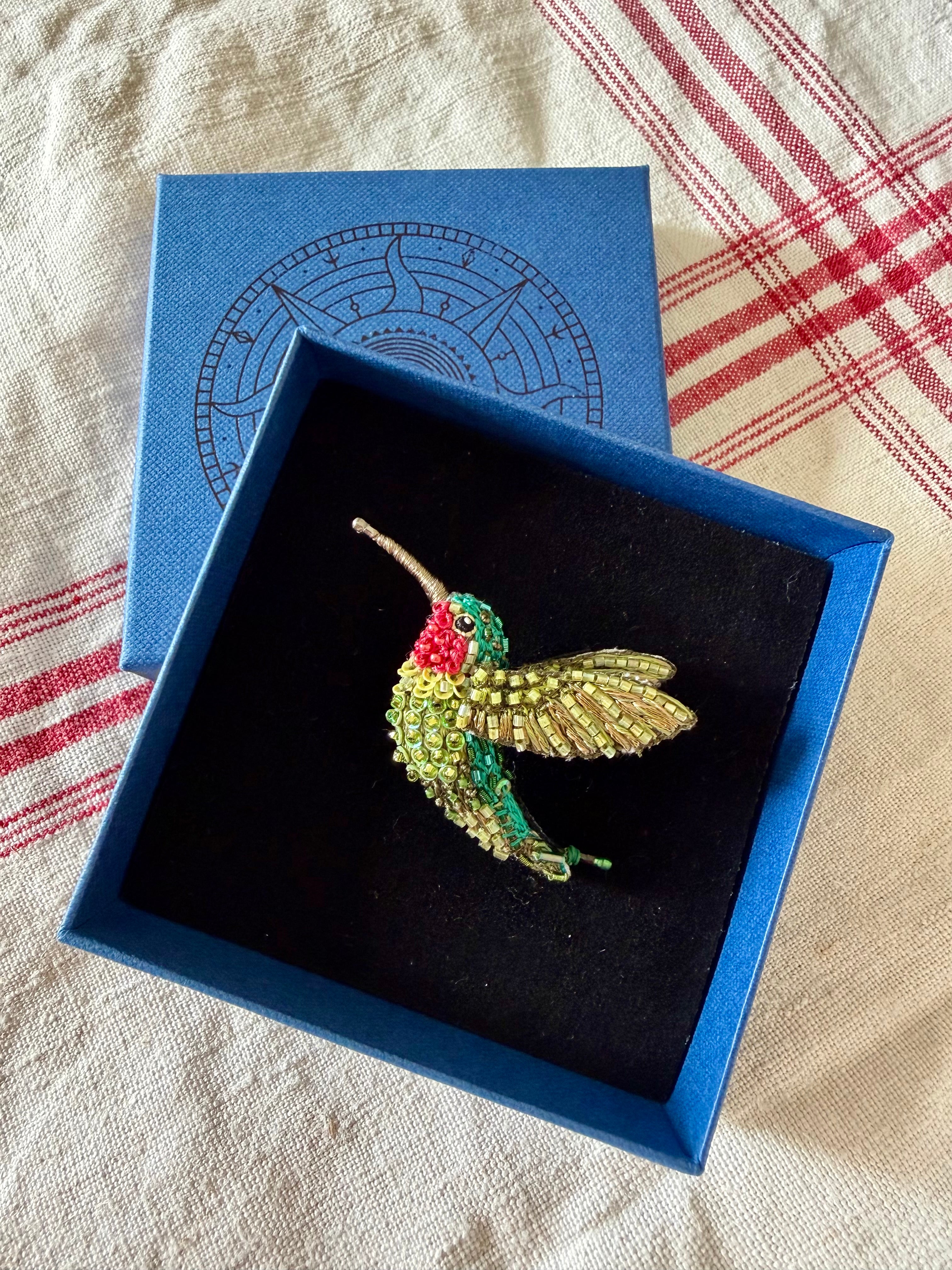 Ruby throated hummingbird brooch