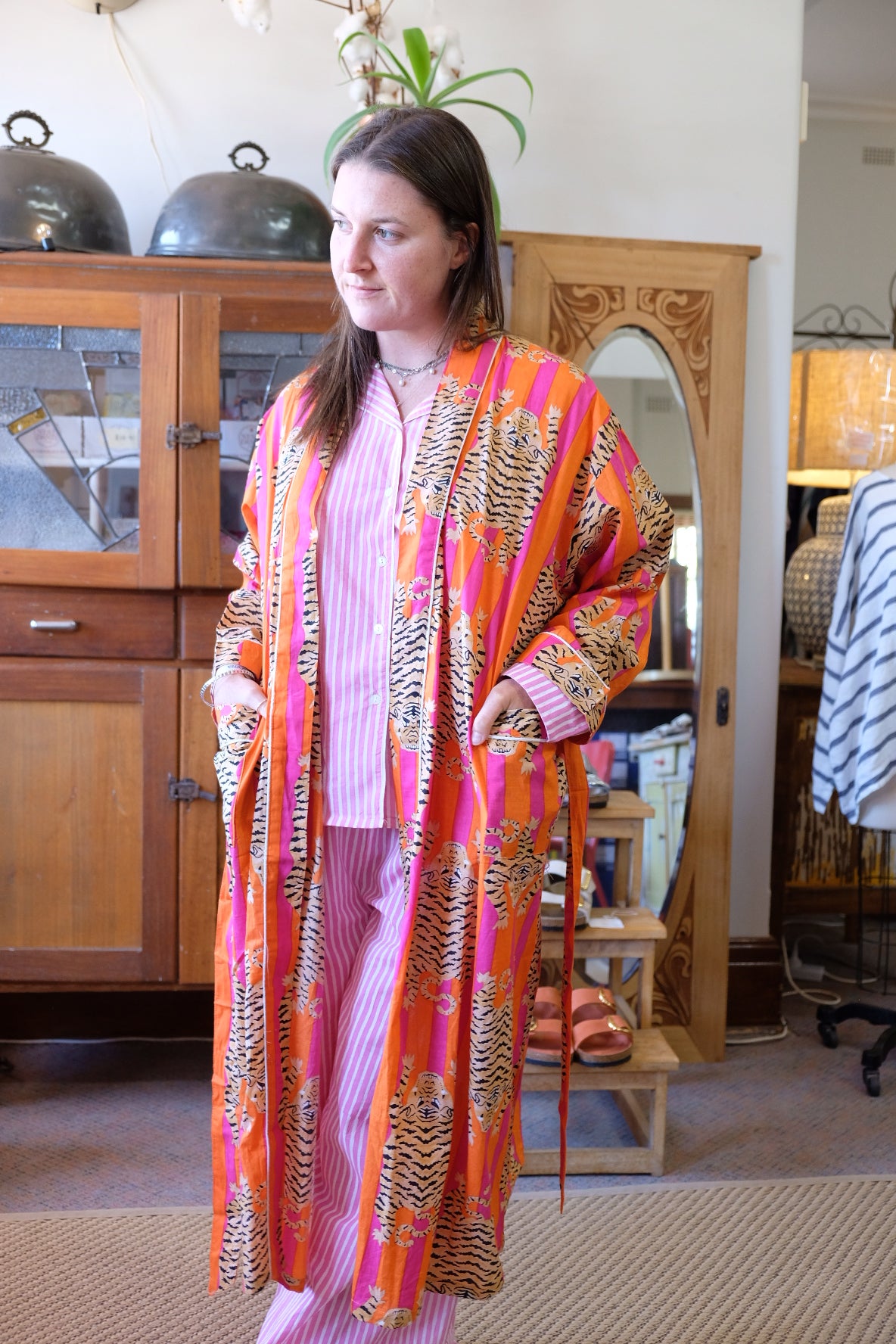 Orange and Pink Stripe Tiger Cotton Robe