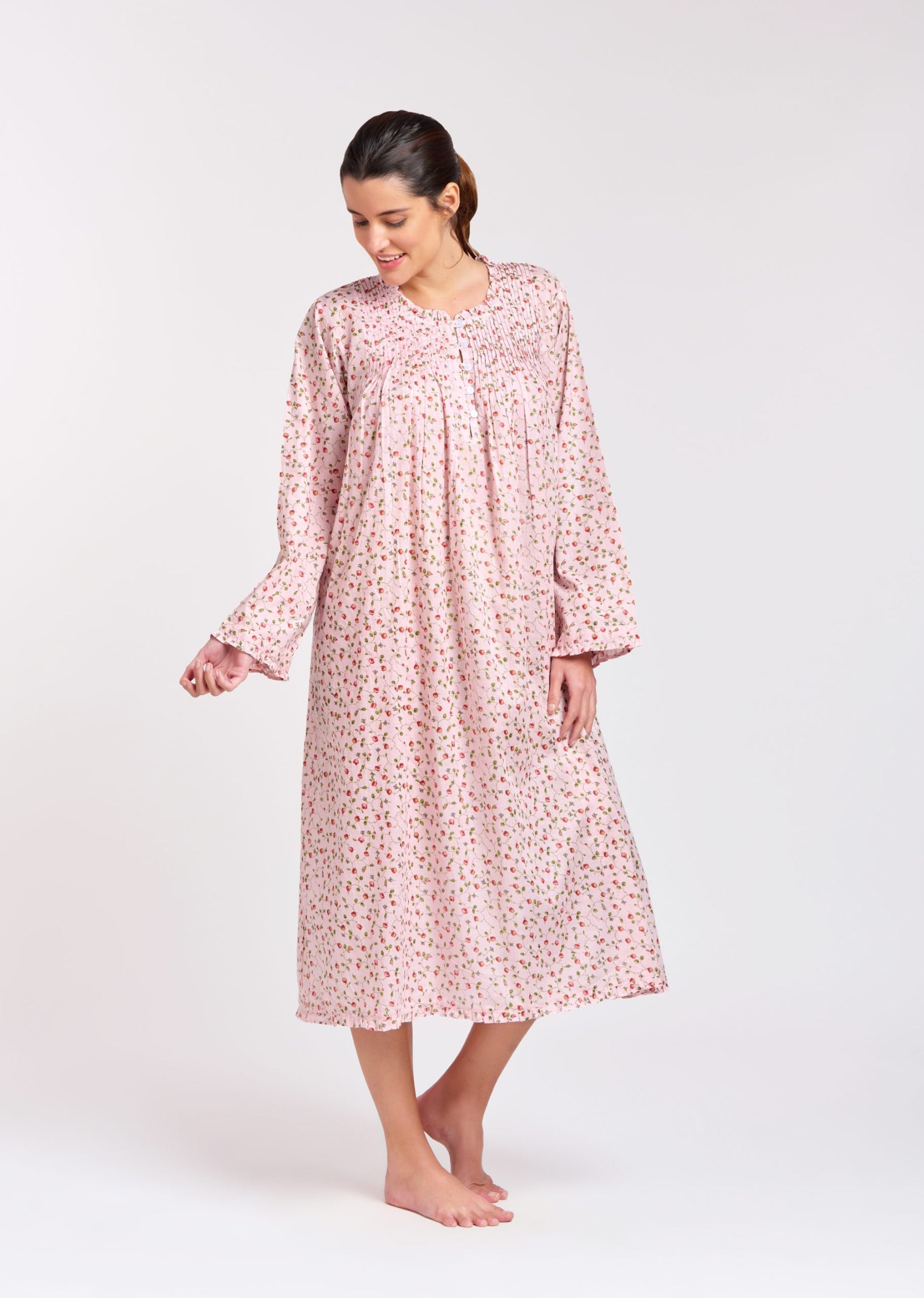 Long Sleeve Nightie - Pale Pink/Red Rose