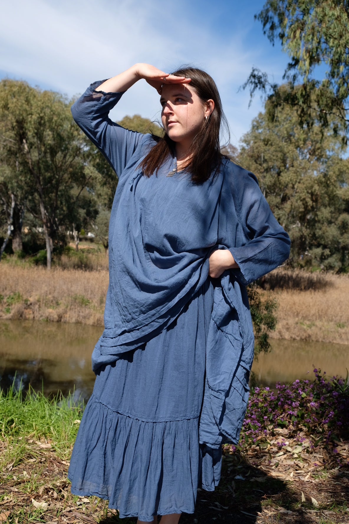 Tansy Raglan Sleeve Dress Cotton Voile - Denim