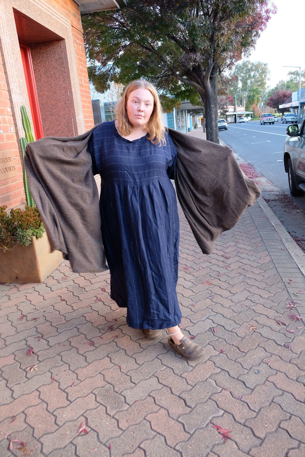 Bess Dress Linen Twill - Navy Pinstripe