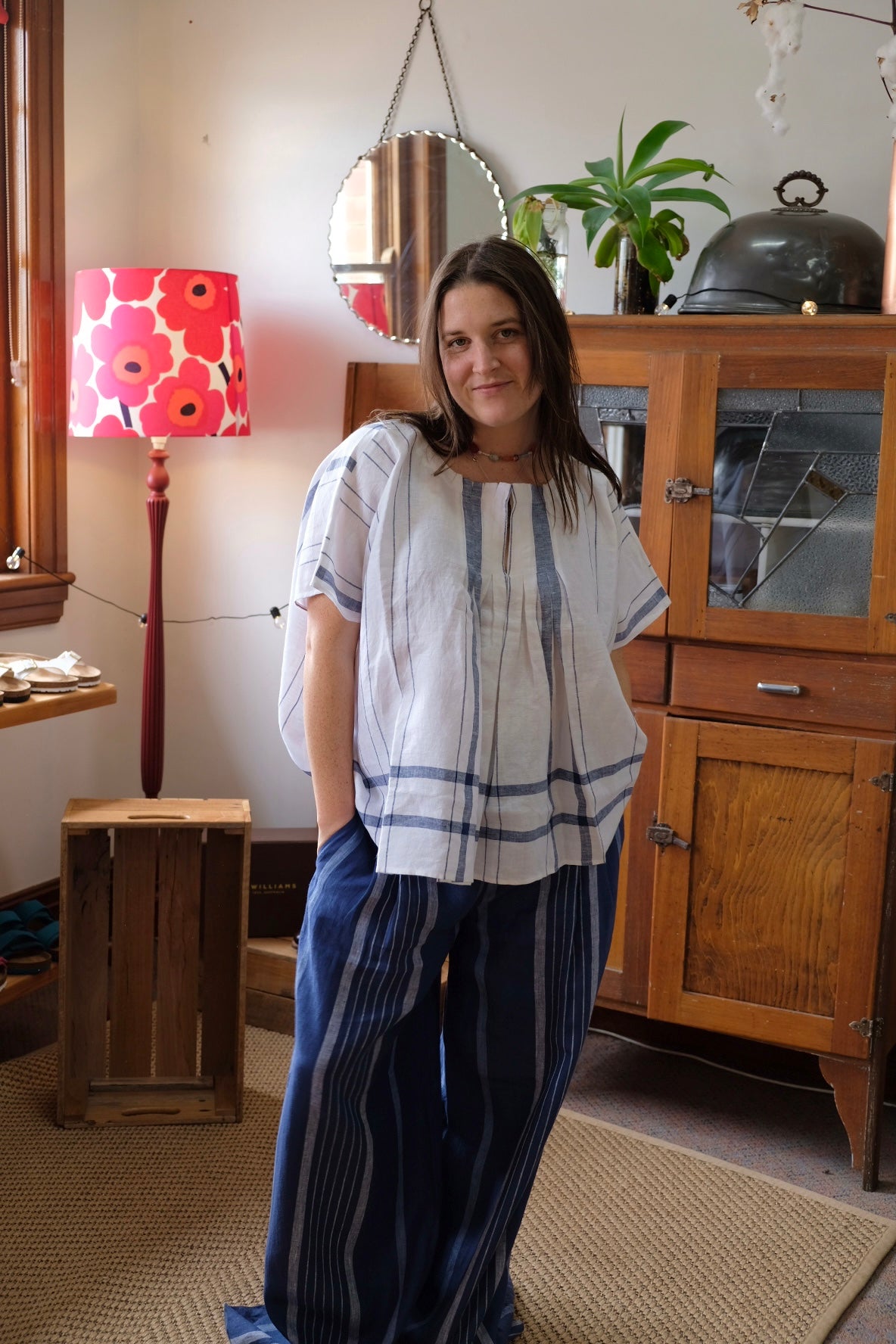 Tuck Top Plaid Linen White