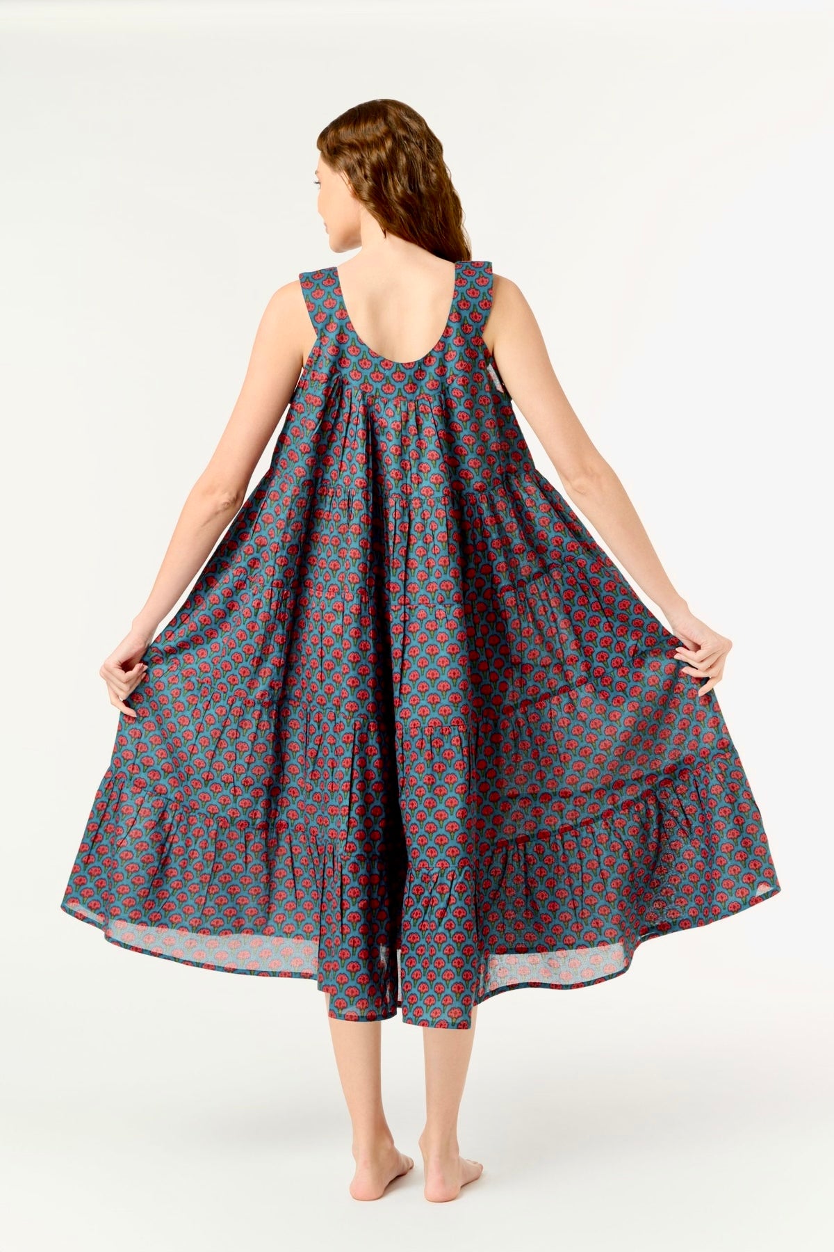 Hand Block Printed Tiered Nightie - deep blue with dark pink flower