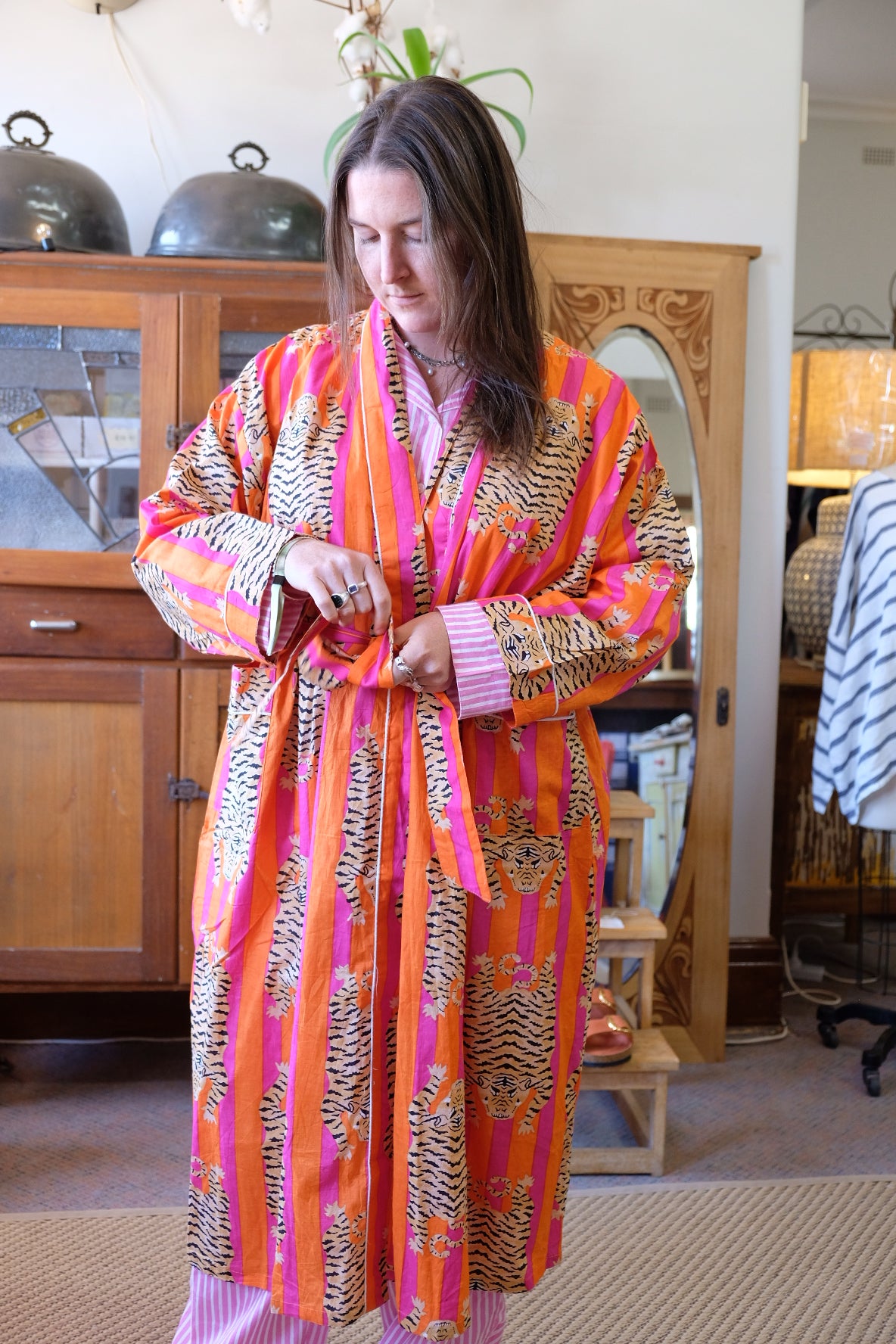 Orange and Pink Stripe Tiger Cotton Robe