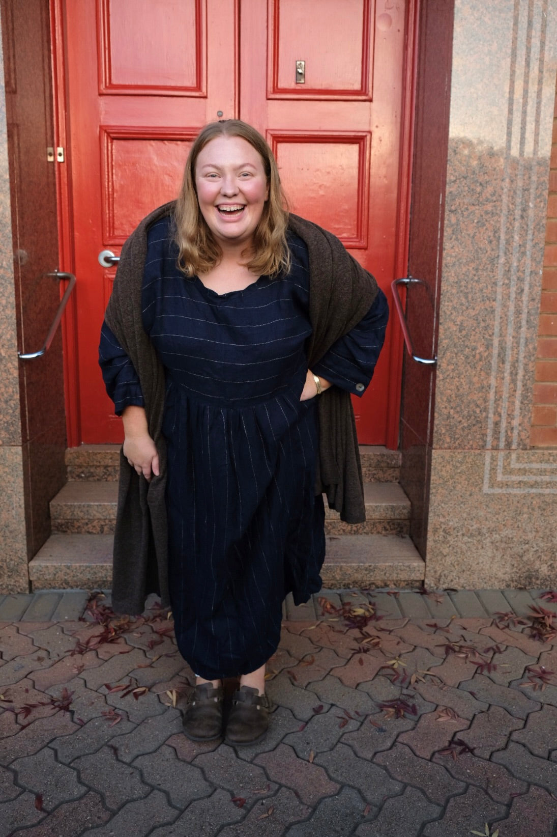 Bess Dress Linen Twill - Navy Pinstripe