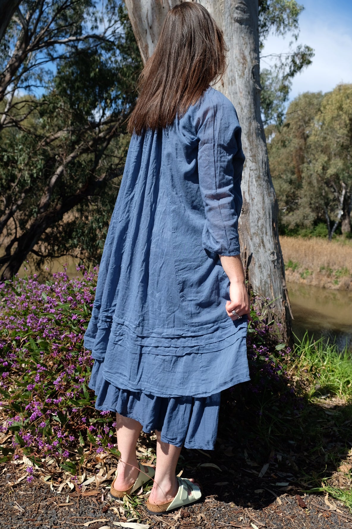 Tansy Raglan Sleeve Dress Cotton Voile - Denim