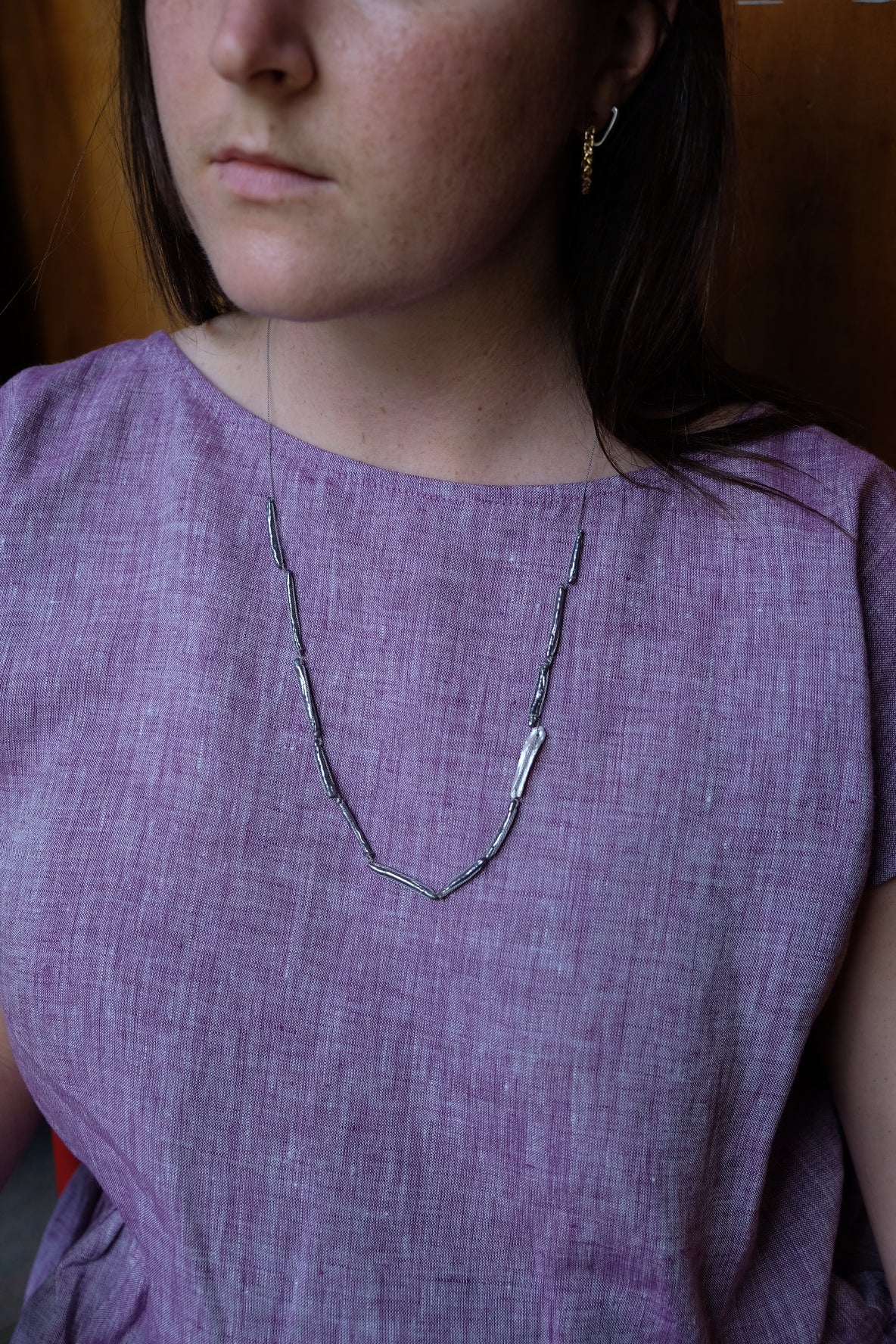 Grey silk necklace thin blue pearls and white pearls