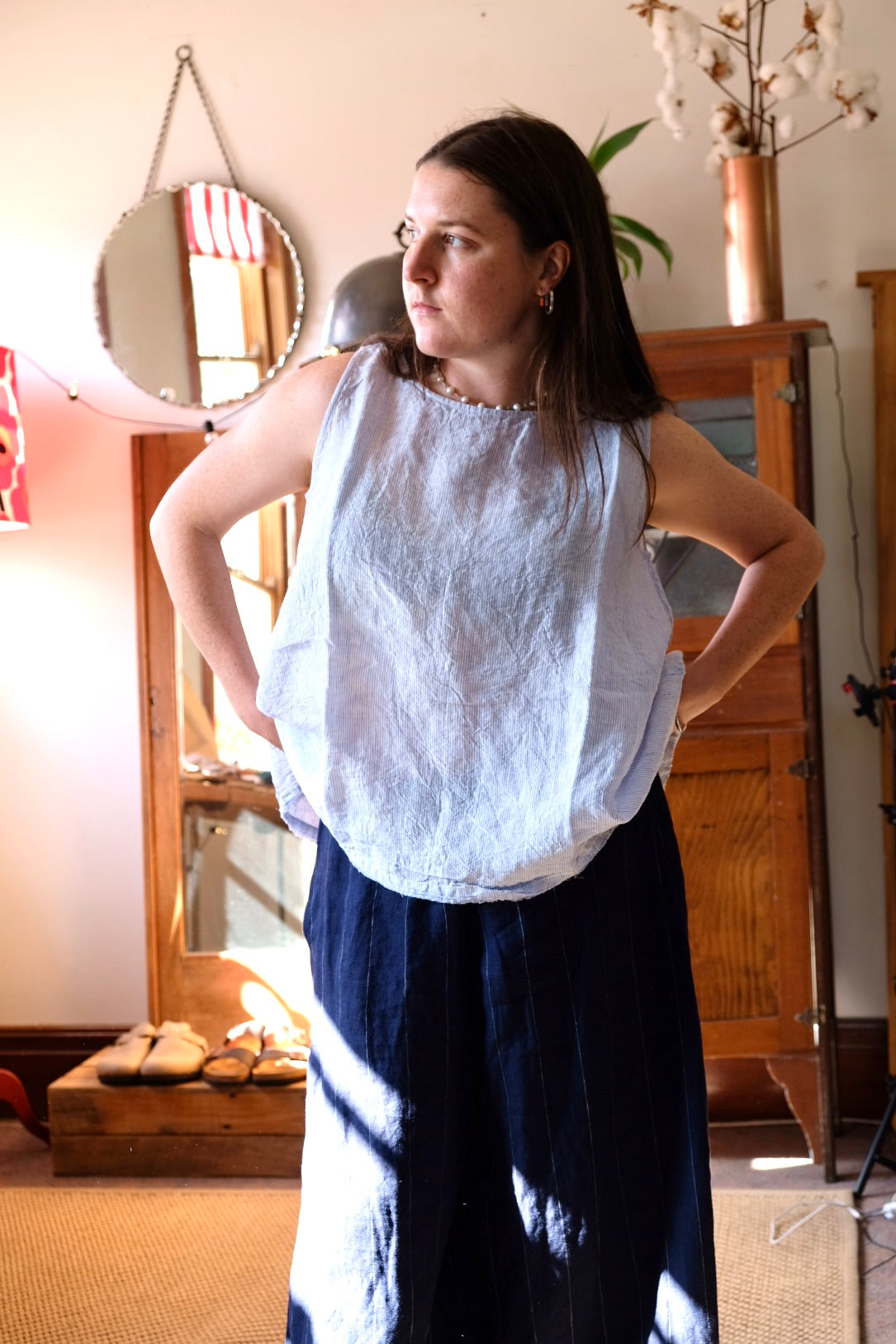 Gia Top - Linen Blue Pin Stripe