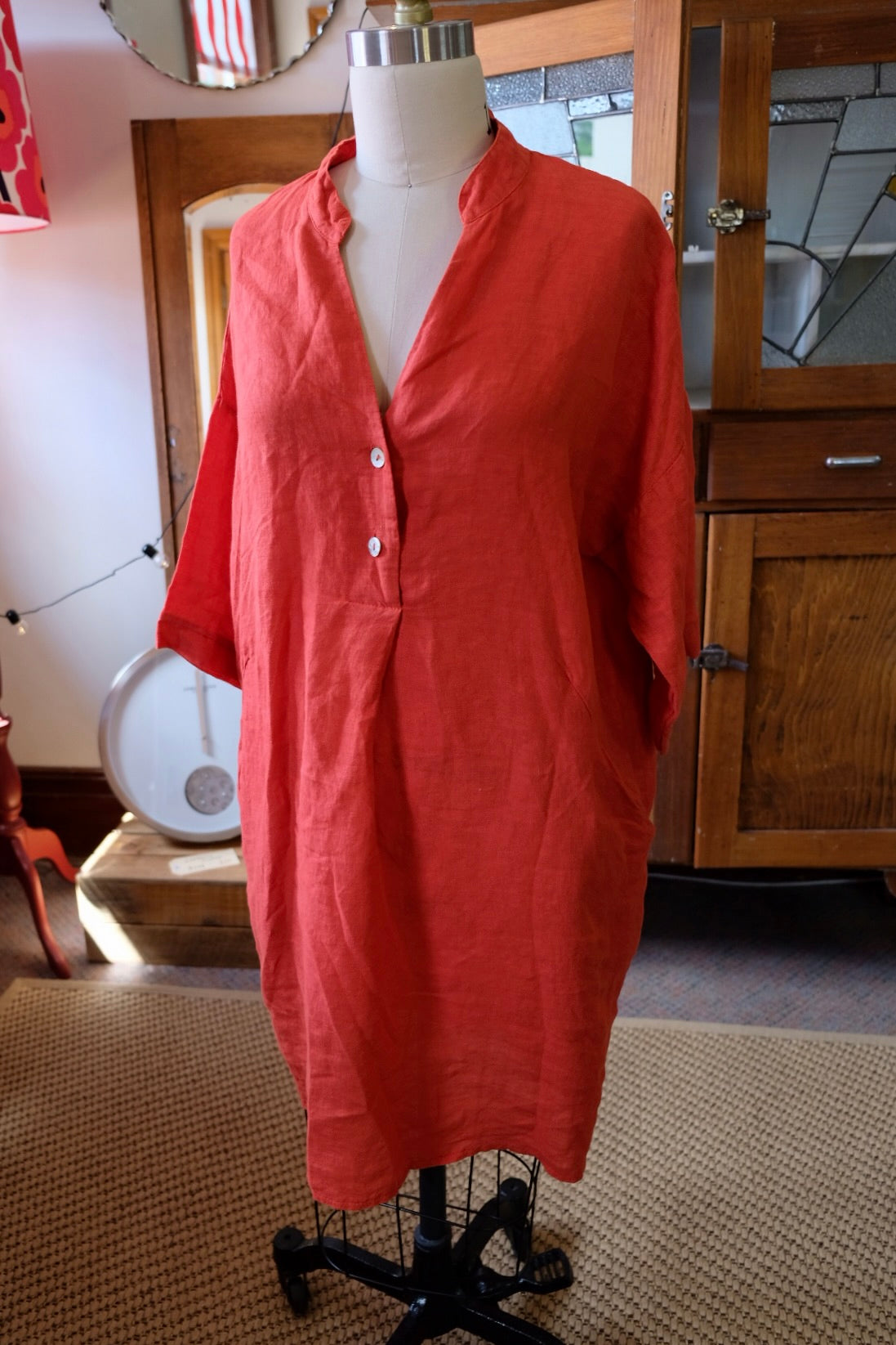 Frederic button front linen tunic - Watermelon