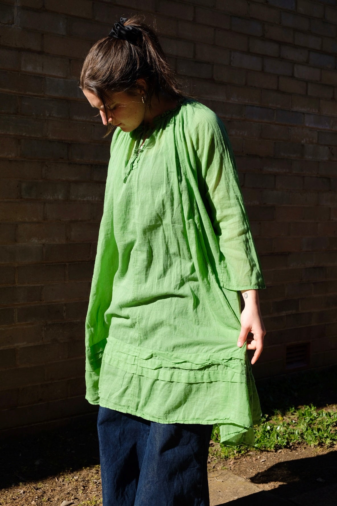 Tansy Raglan Sleeve Dress Cotton Voile - Matcha